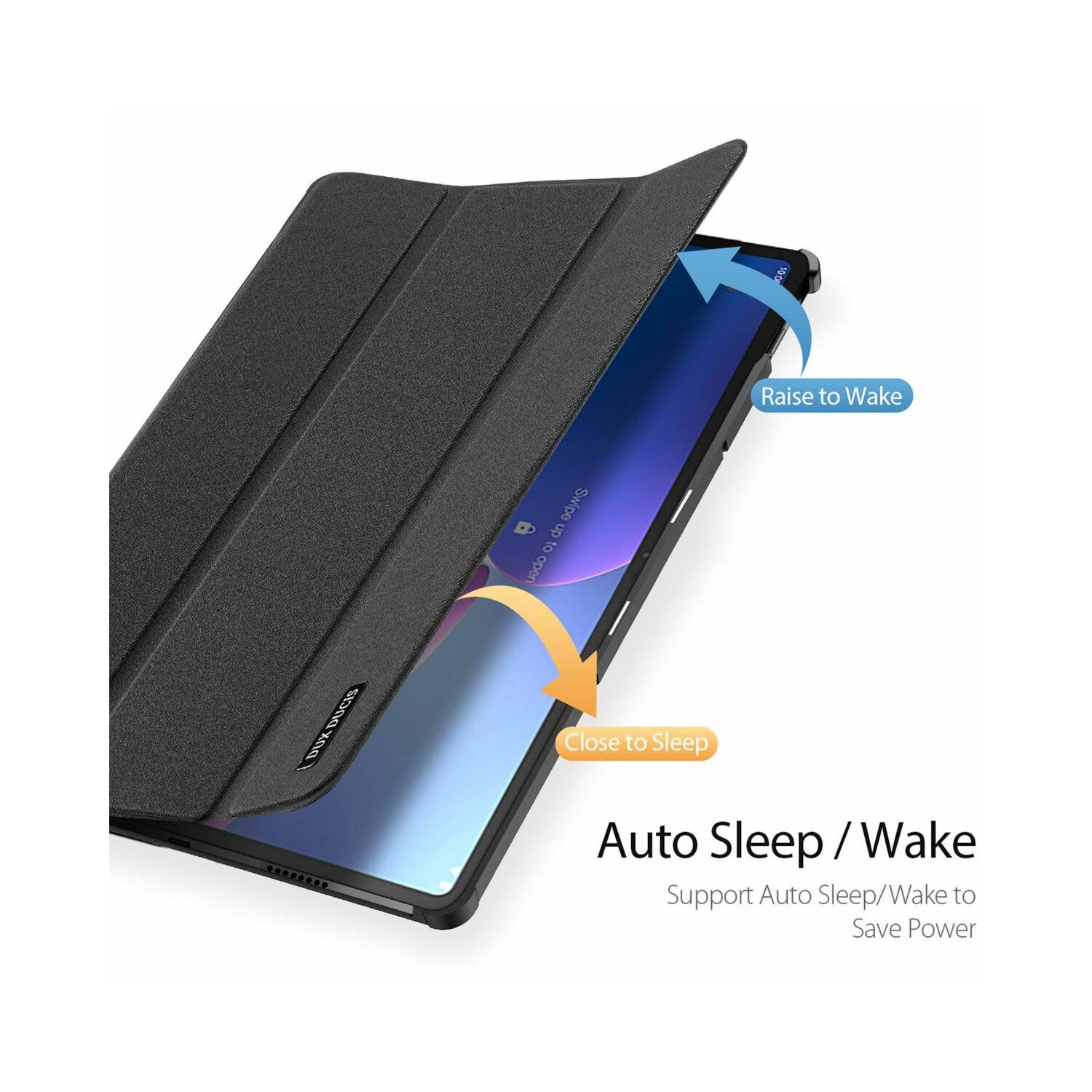 Schwarze Tablet-Hülle mit offenem Deckel, der den Bildschirm zeigt und Pfeile für 'Raise to Wake' und 'Close to Sleep'.