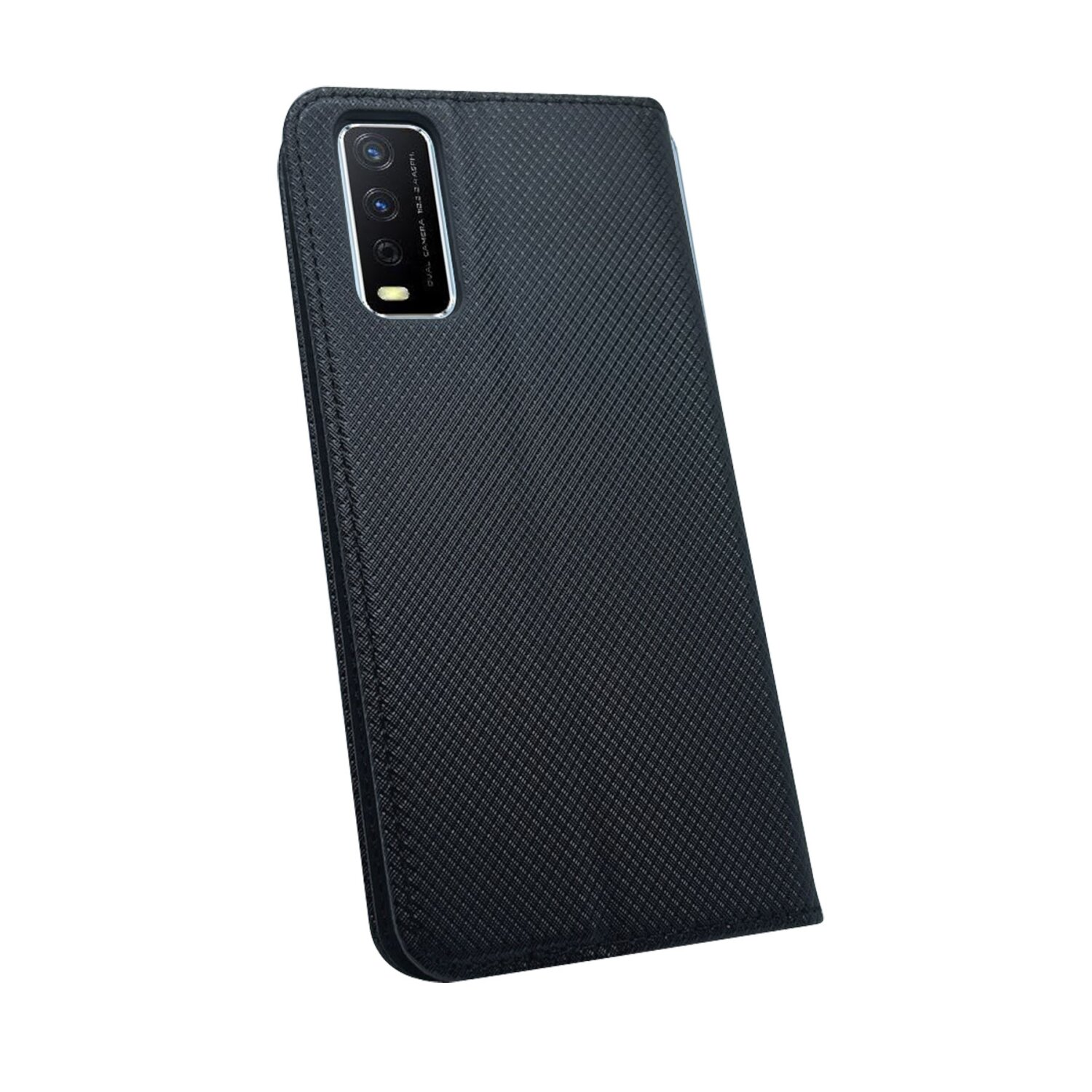 Custodia per telefono nera, chiusa, con ritagli per la fotocamera.