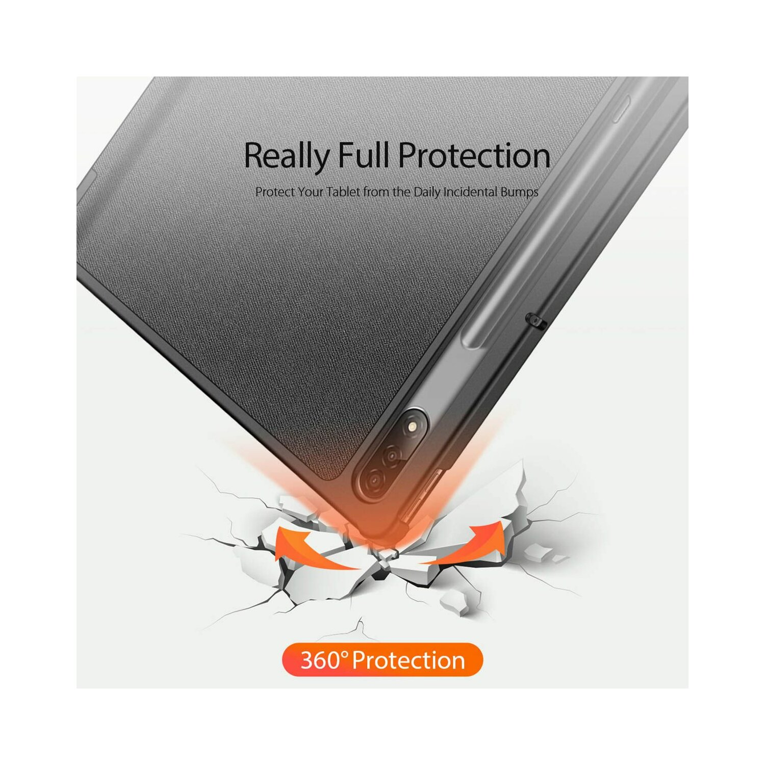 Tablethülle mit einer Grafik einer zerbrochenen Oberfläche. Der Text lautet 'Really Full Protection' und '360° Protection'.