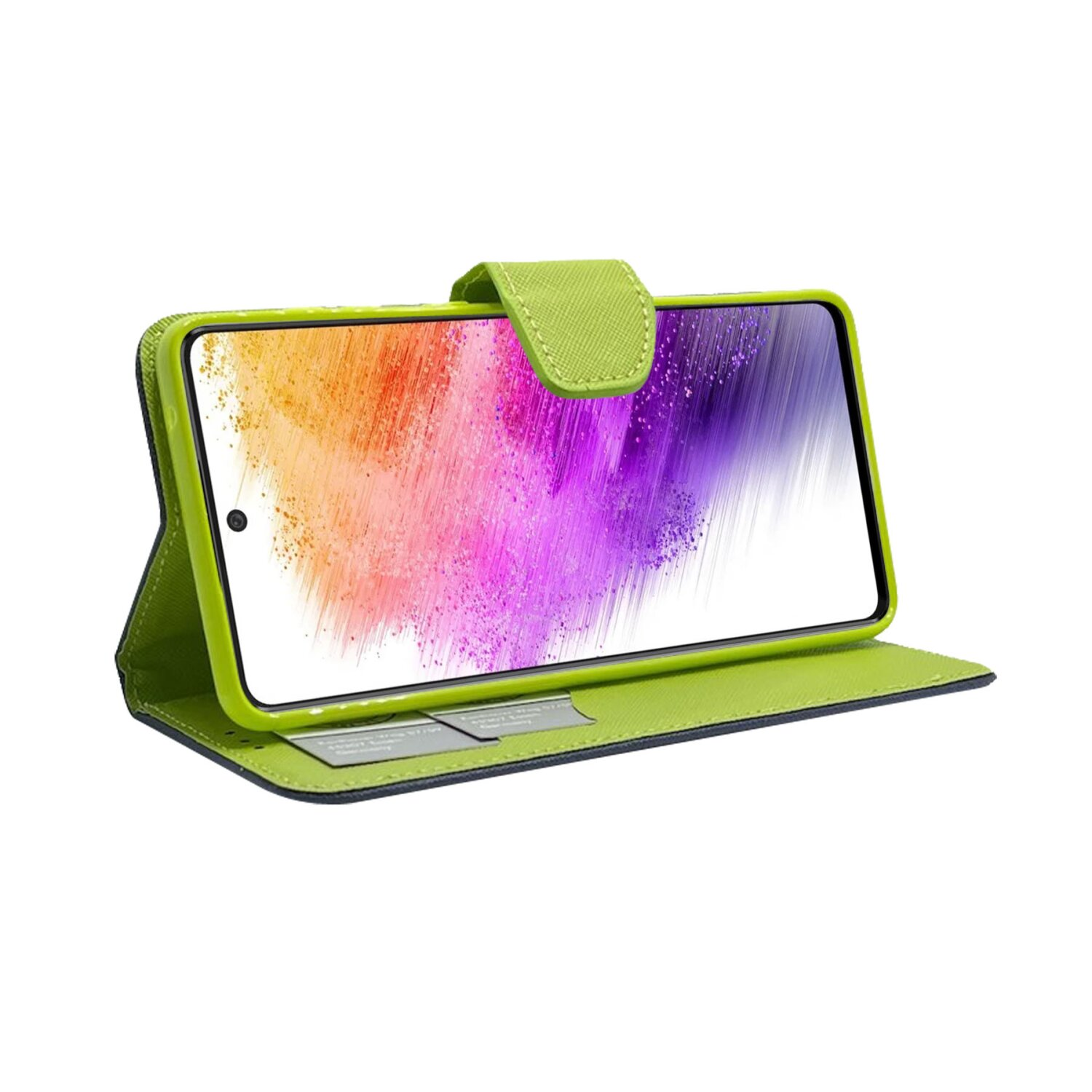 Uno smartphone in una custodia verde, aperto per rivelare lo schermo. La custodia ha fessure per carte.