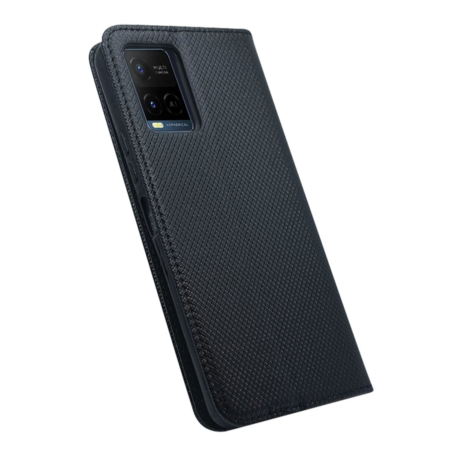 Una custodia per telefono nera, strutturata, chiusa, con modulo fotocamera e dettagli del telefono visibili.