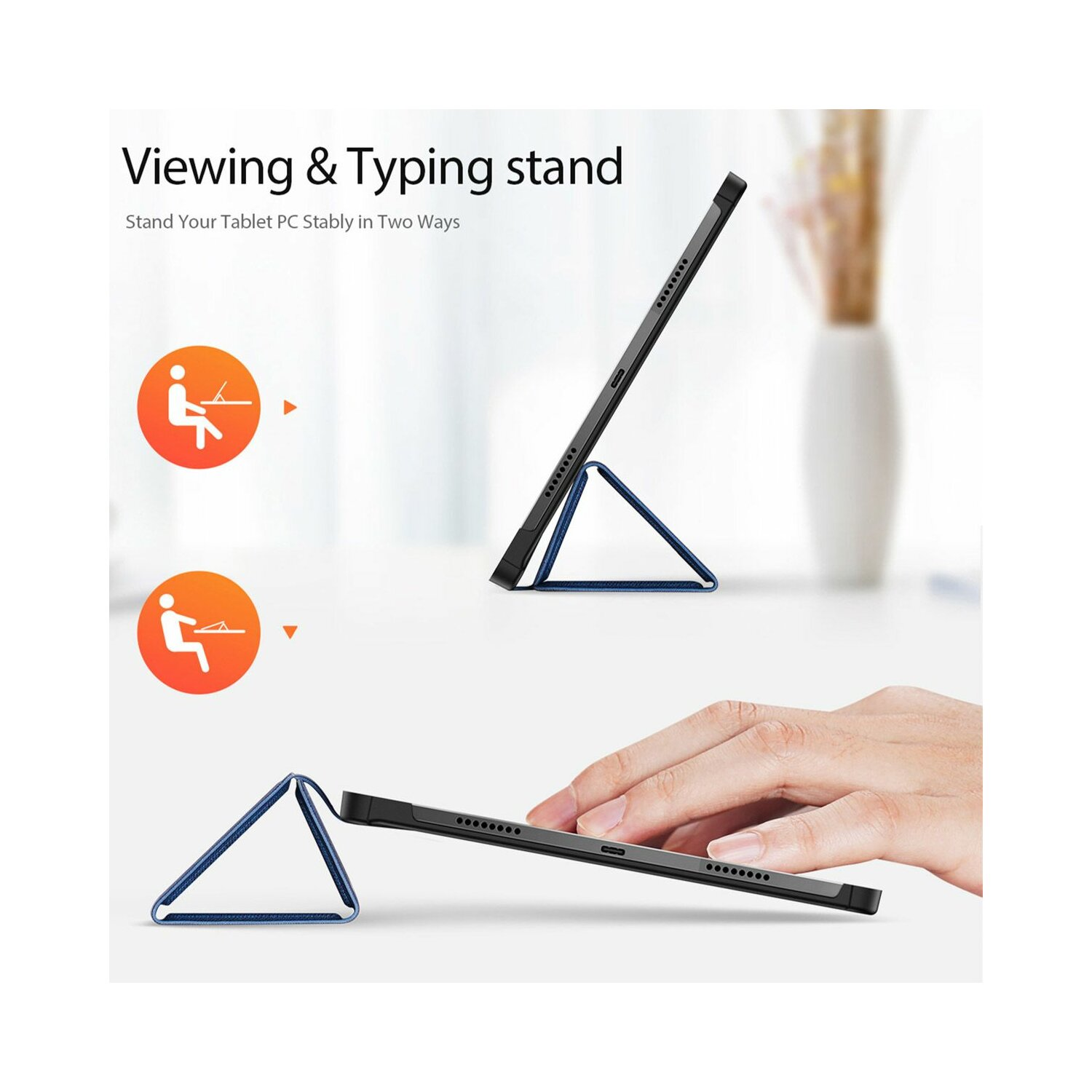Ein Tablet-Ständer mit einem Tablet, das zwei verschiedene Positionen zeigt.