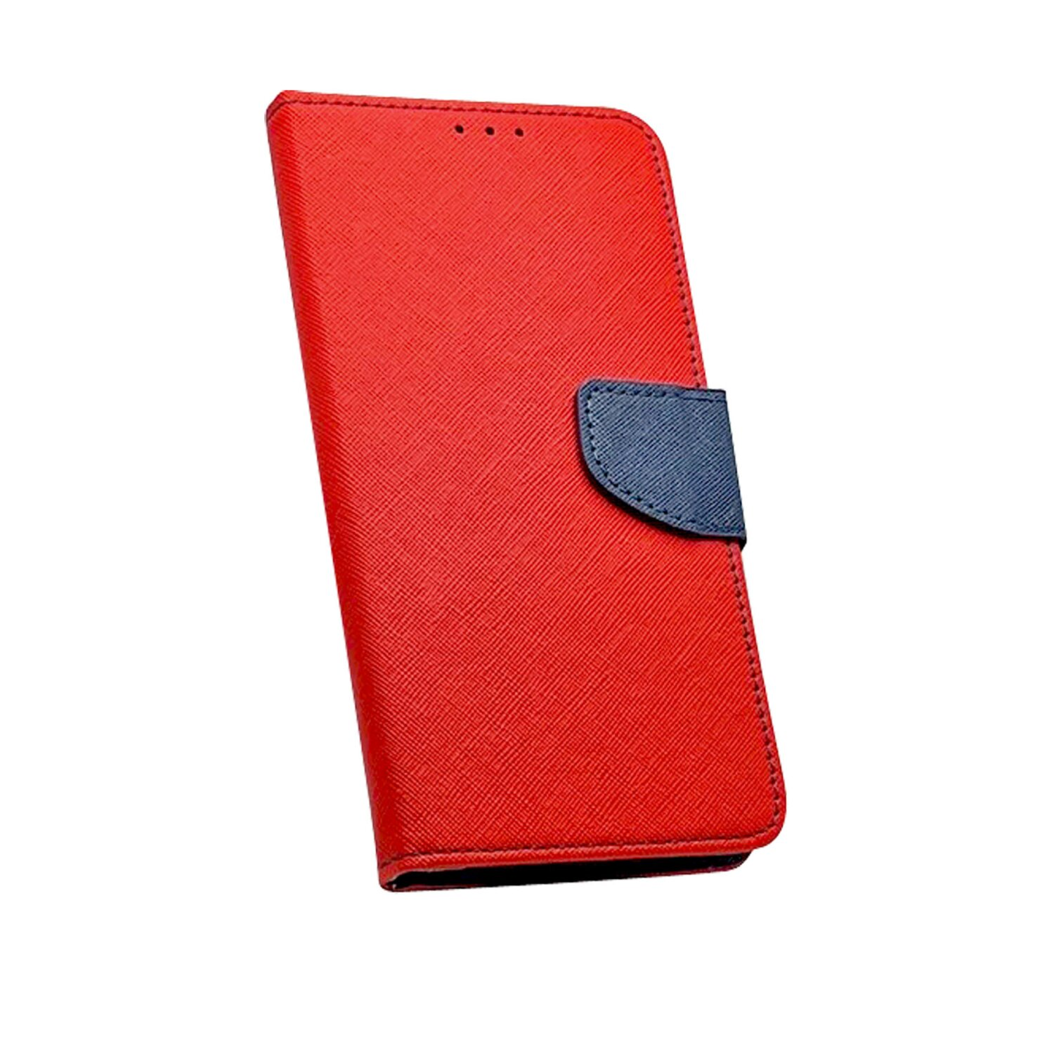 Custodia per telefono rossa con patta blu. La custodia è chiusa, mostrando il fronte.