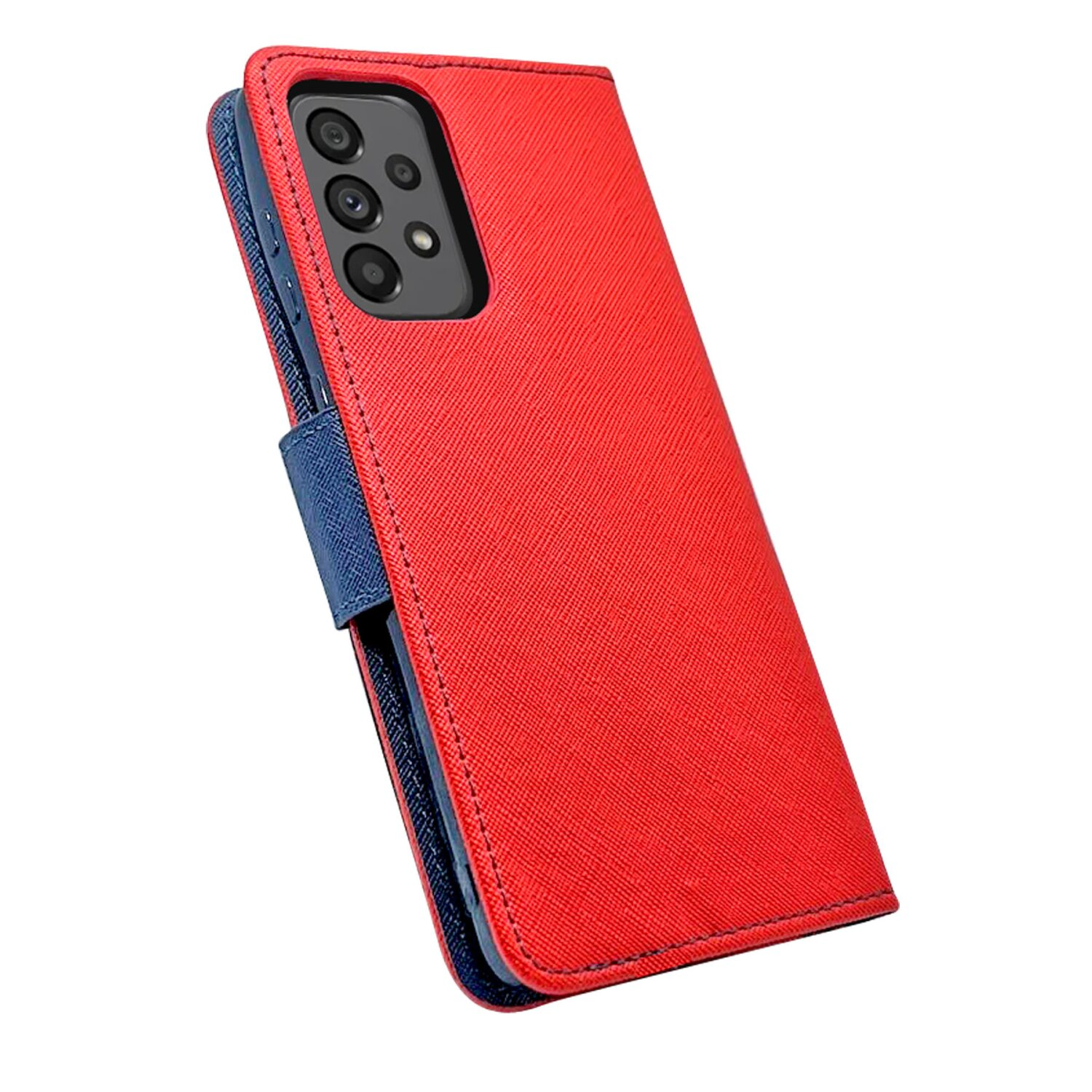 Una custodia per telefono rossa con cinturino blu e telefono con fotocamere.