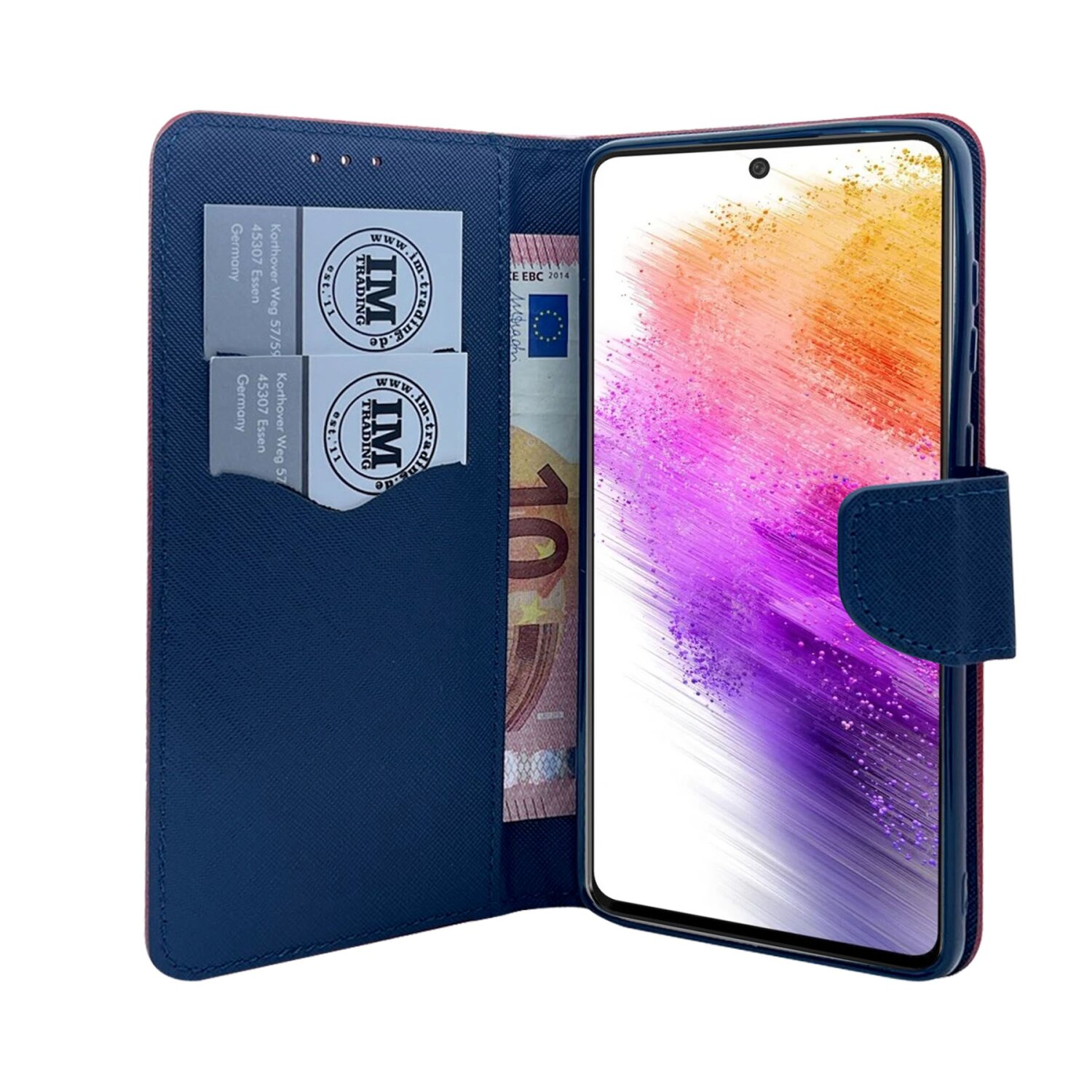 Una custodia per telefono blu a portafoglio con un telefono e denaro all'interno.