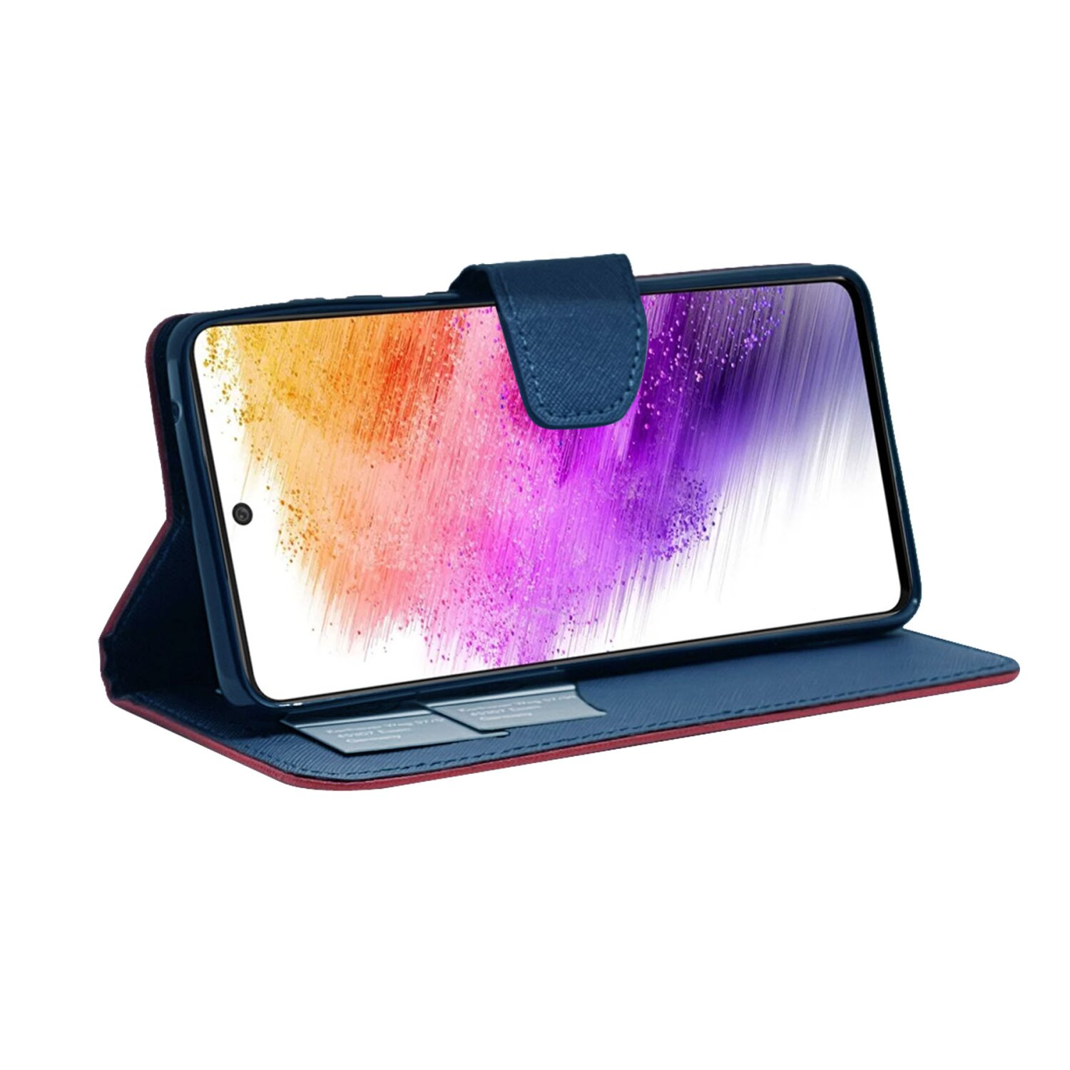 Una custodia blu per telefono, aperta, che rivela uno smartphone con un'immagine colorata e uno slot per schede.
