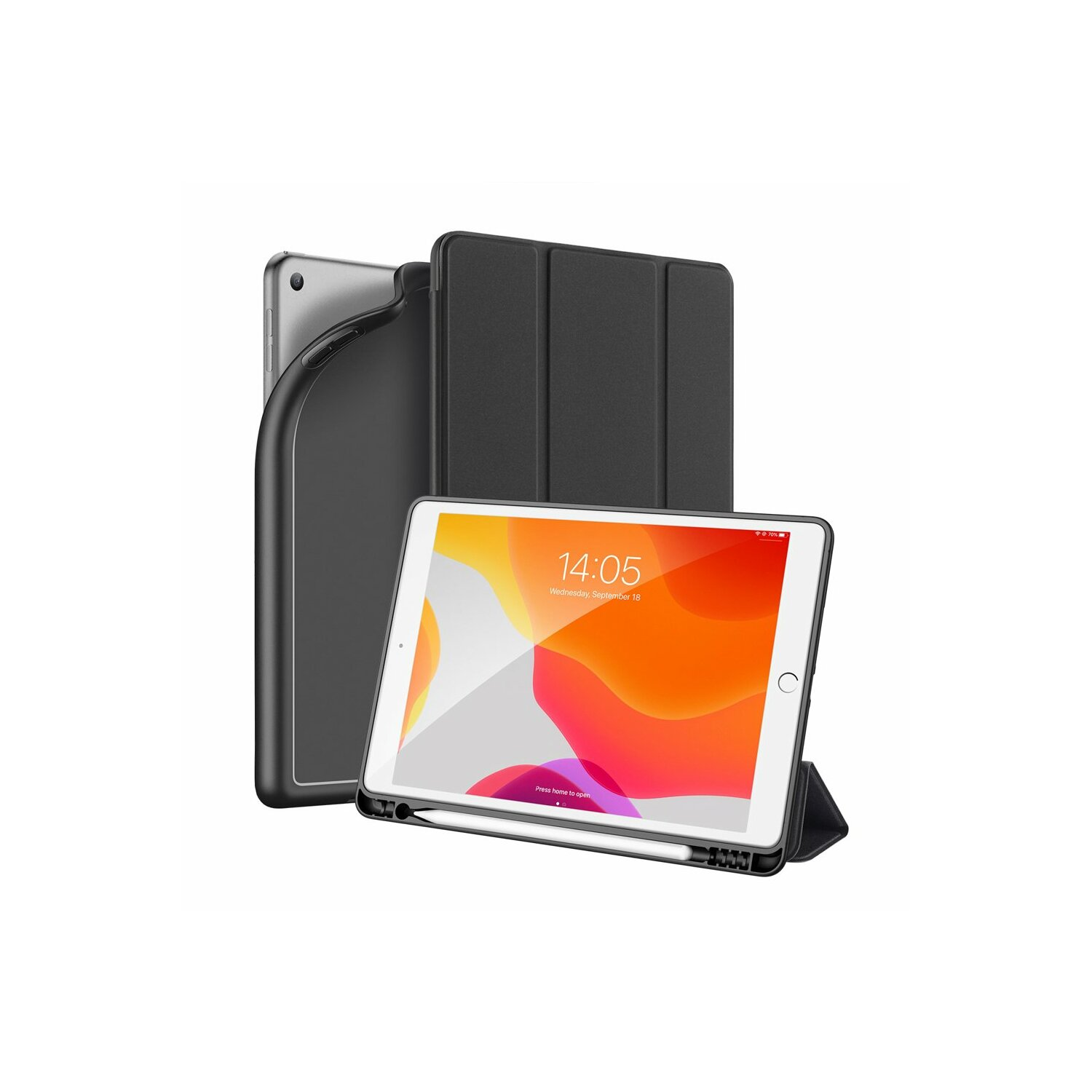 Schwarze Tablethülle und ein Tablet. Das Tablet hat einen Bildschirm, der die Zeit anzeigt. Ein Stift liegt darauf.