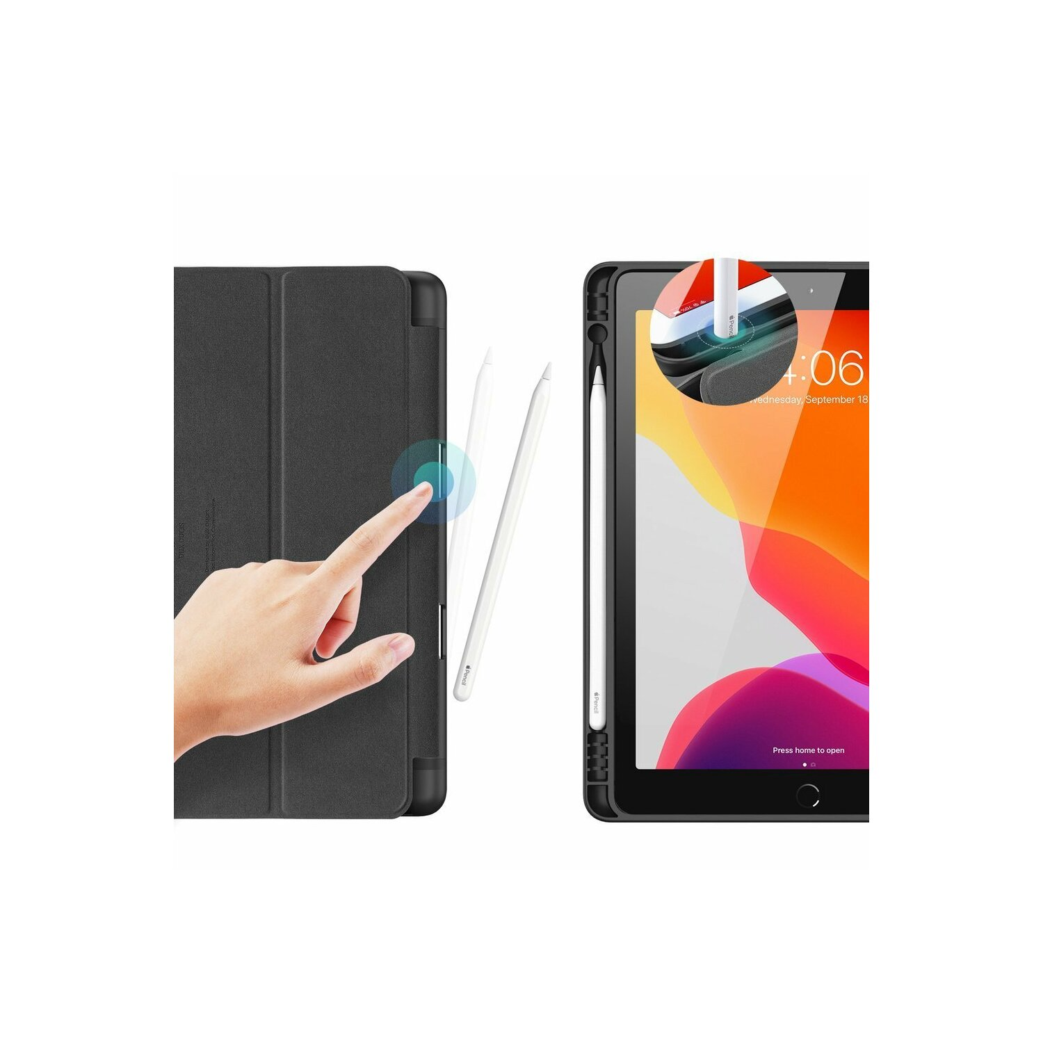 Schwarze iPad-Hülle mit einer Hand, die auf den Bildschirm zeigt. Ein weißer Stift liegt daneben.
