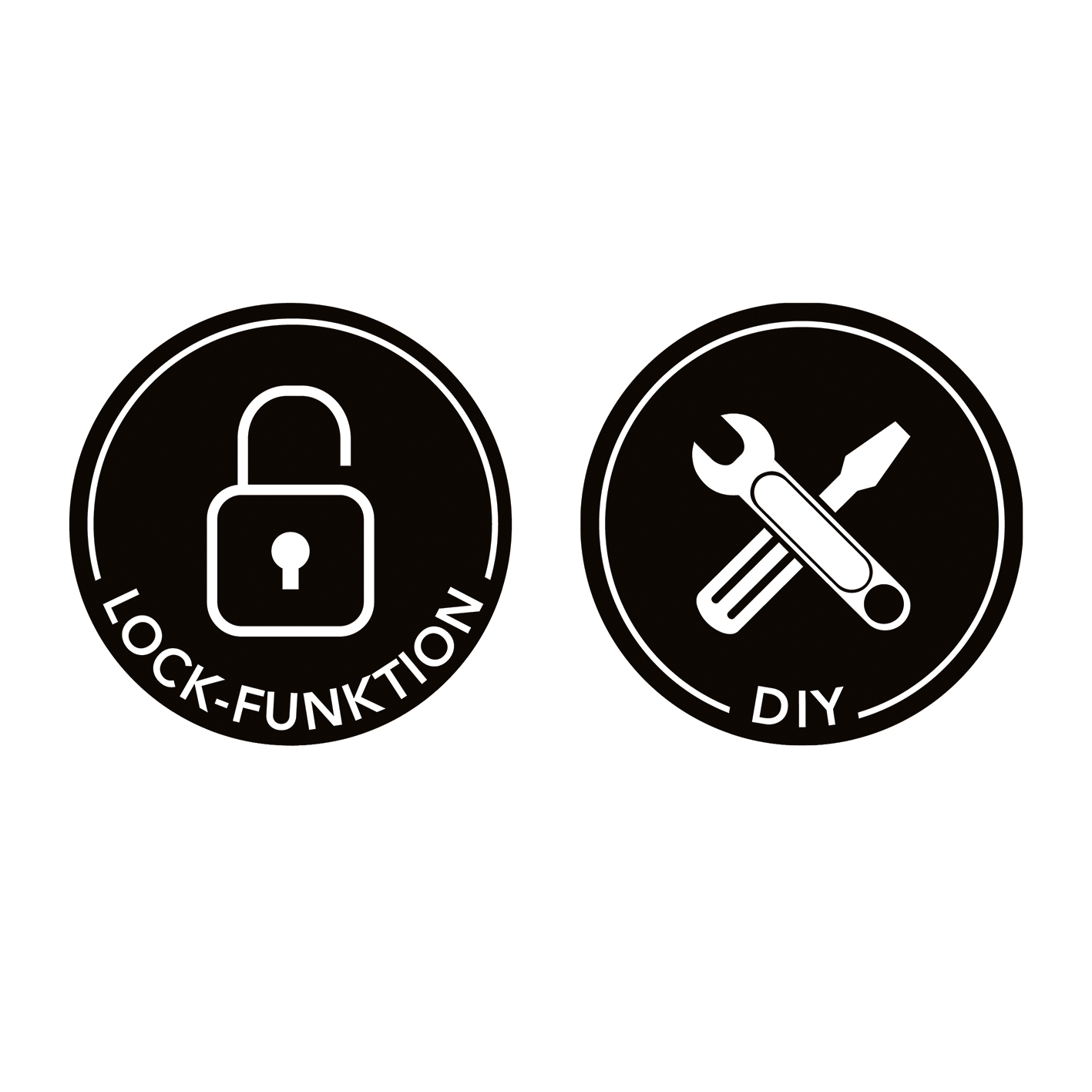 Schwarz-weiße Symbole: Schloss mit Text 'LOCK-FUNKTION' und Schraubenschlüssel/Schraubendreher mit 'DIY'.