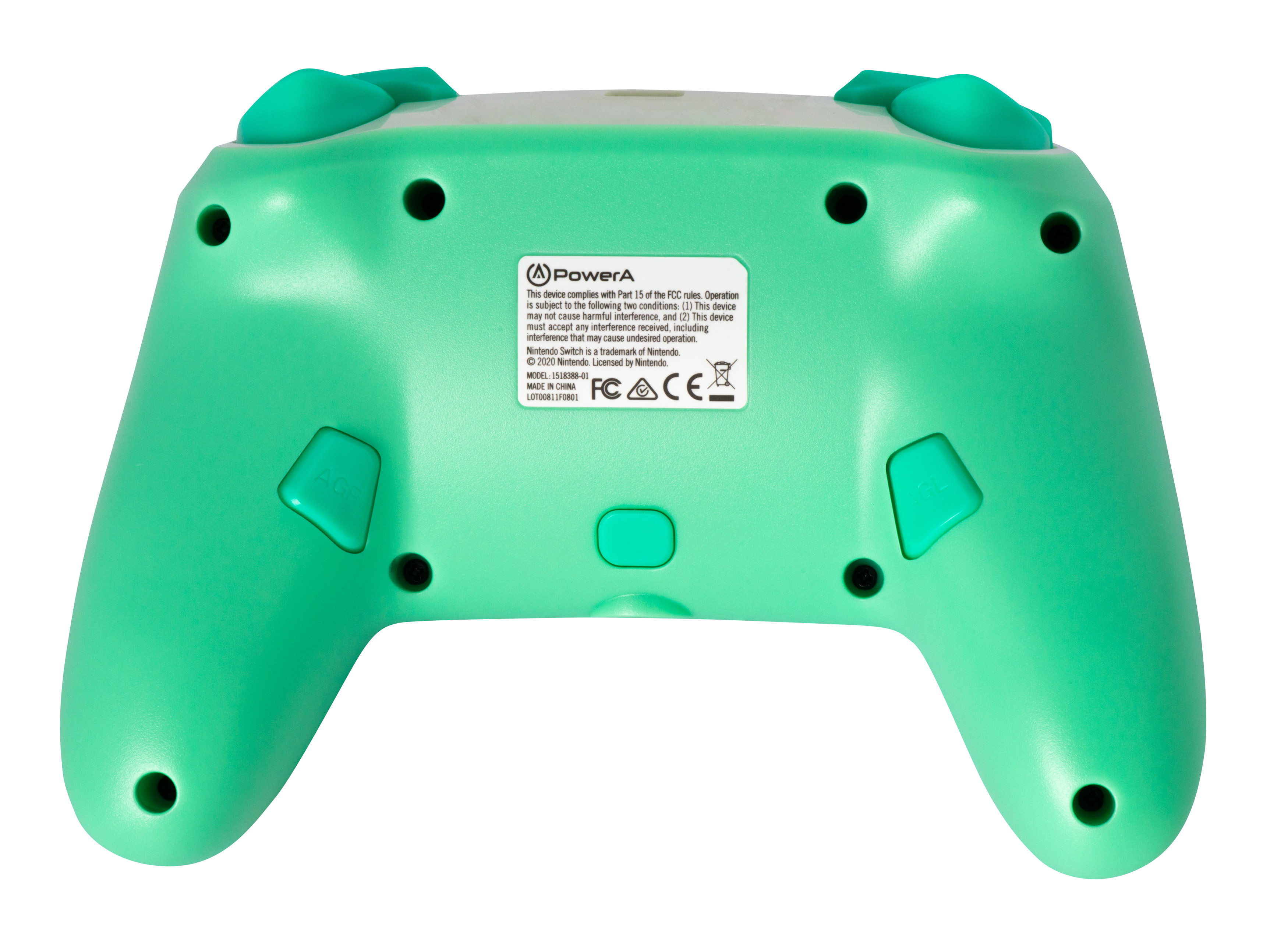 Zielony kontroler PowerA. Widok z tyłu z przyciskami, informacjami i numerami seryjnymi.