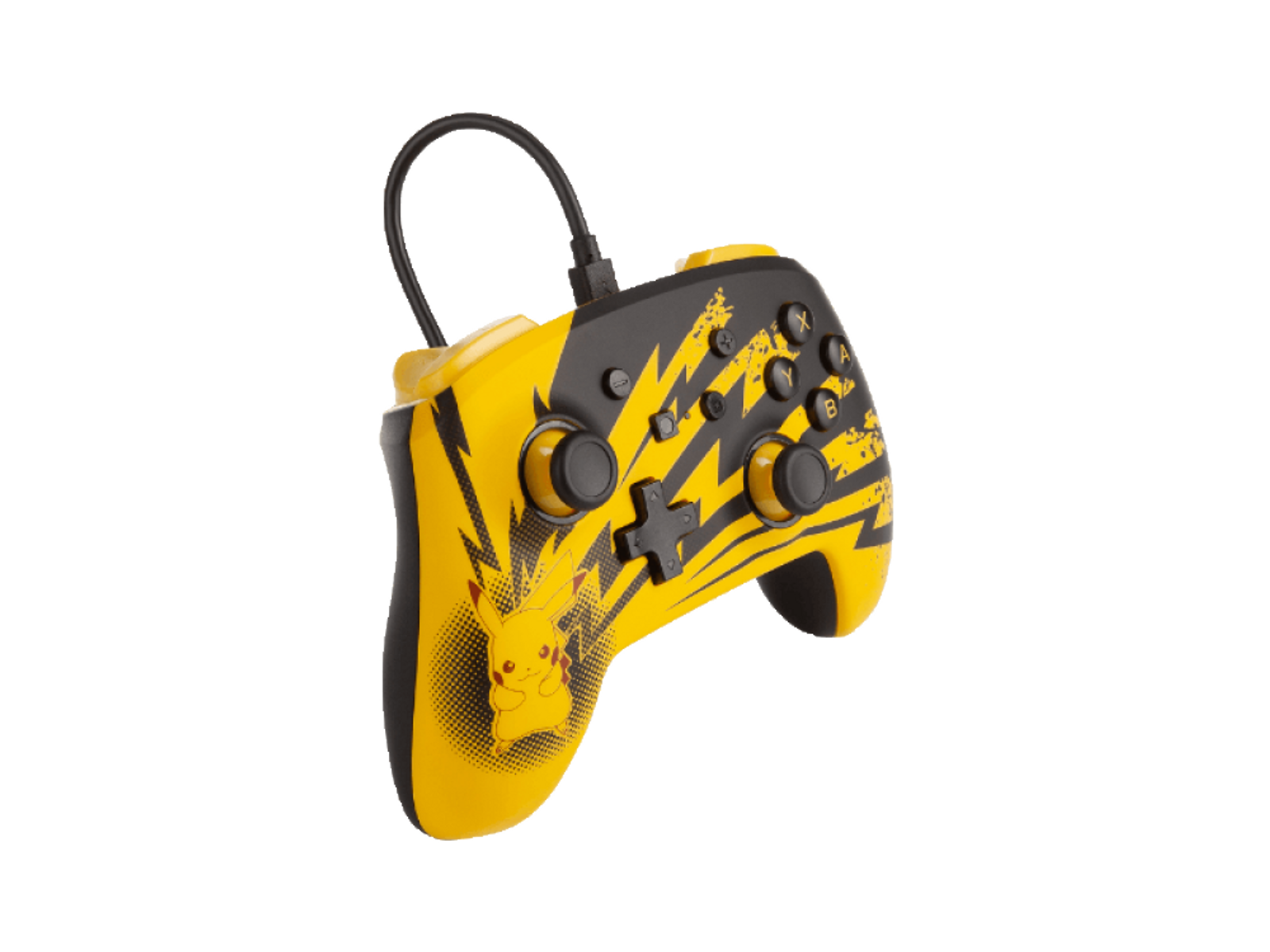 Gelb-schwarzer Nintendo Switch Pro Controller mit Pikachu-Design und Kabel.