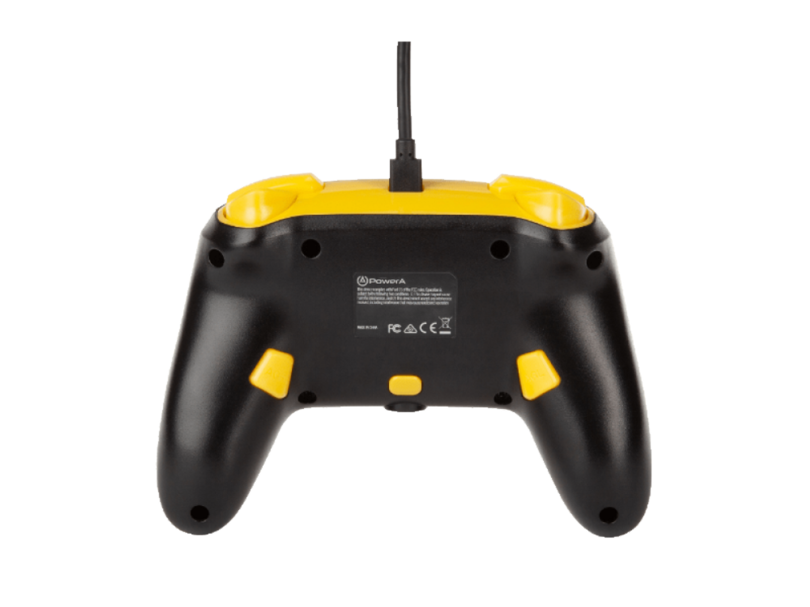 Schwarzer und gelber Gamecontroller. Er hat ein Kabel und Knöpfe. Der Hintergrund ist weiß.