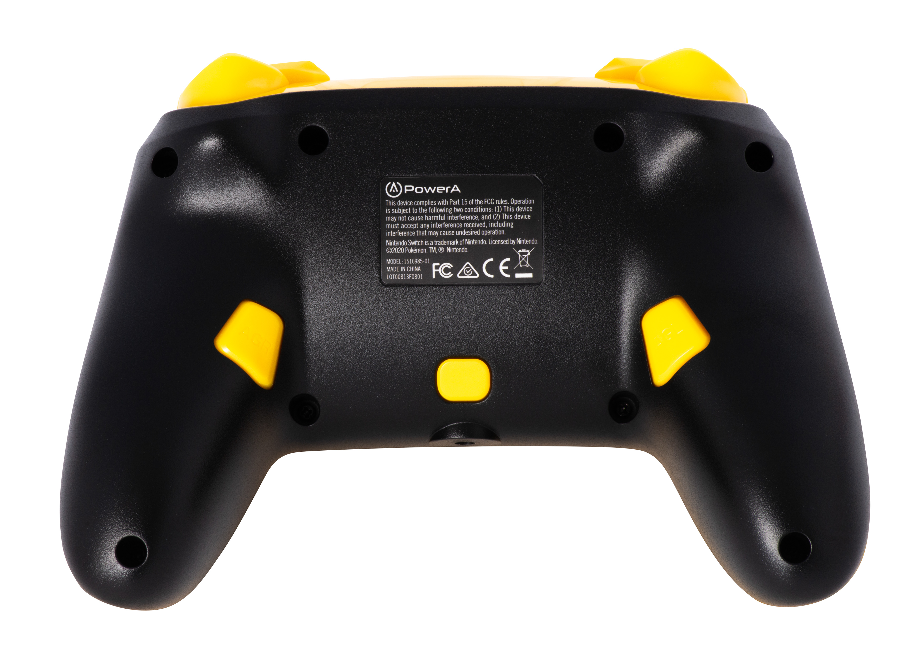 Rückseite eines schwarz-gelben Gamecontrollers auf weißem Hintergrund.