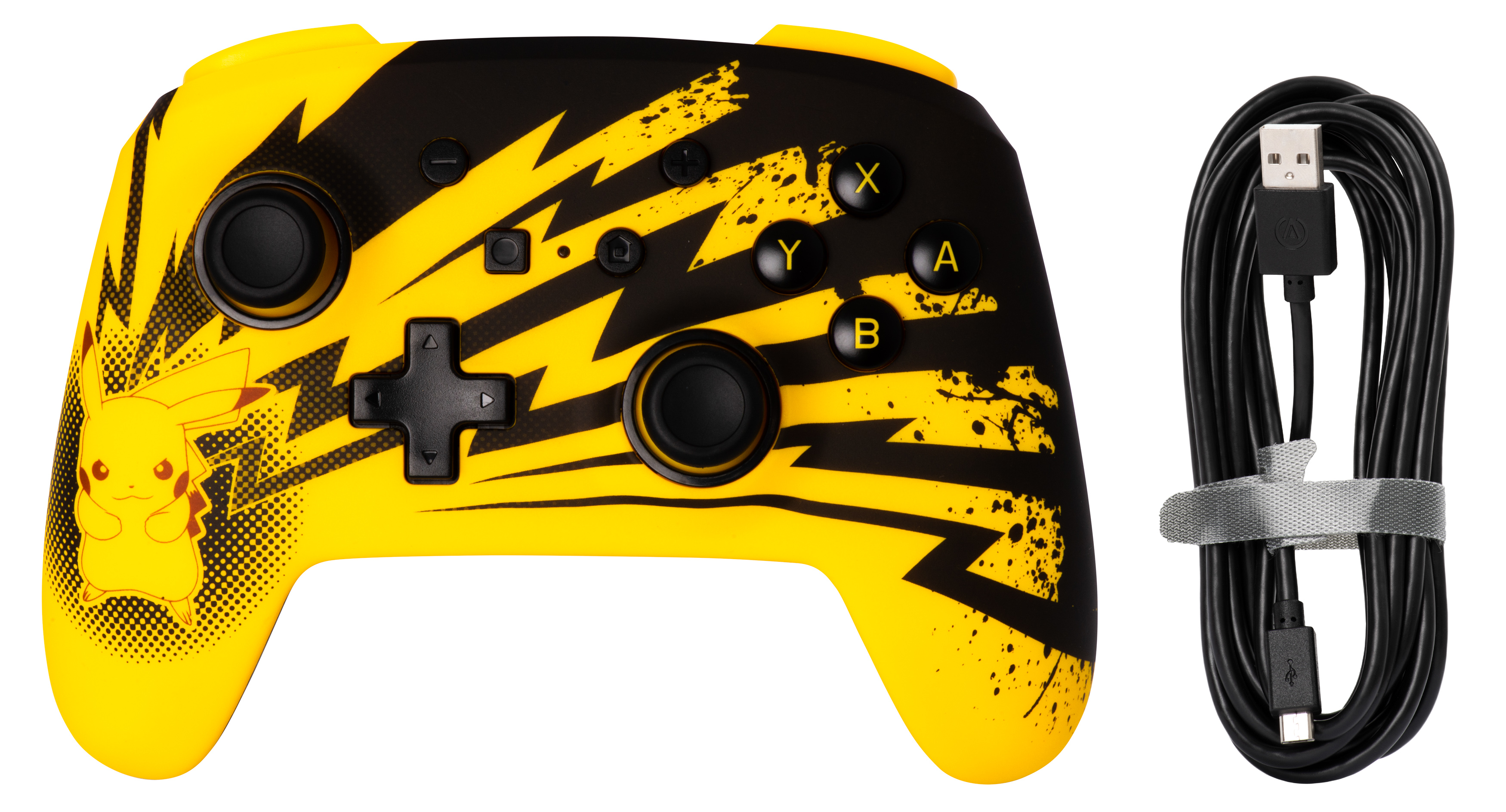 Gelb-schwarzer Pikachu-Controller mit USB-Kabel.