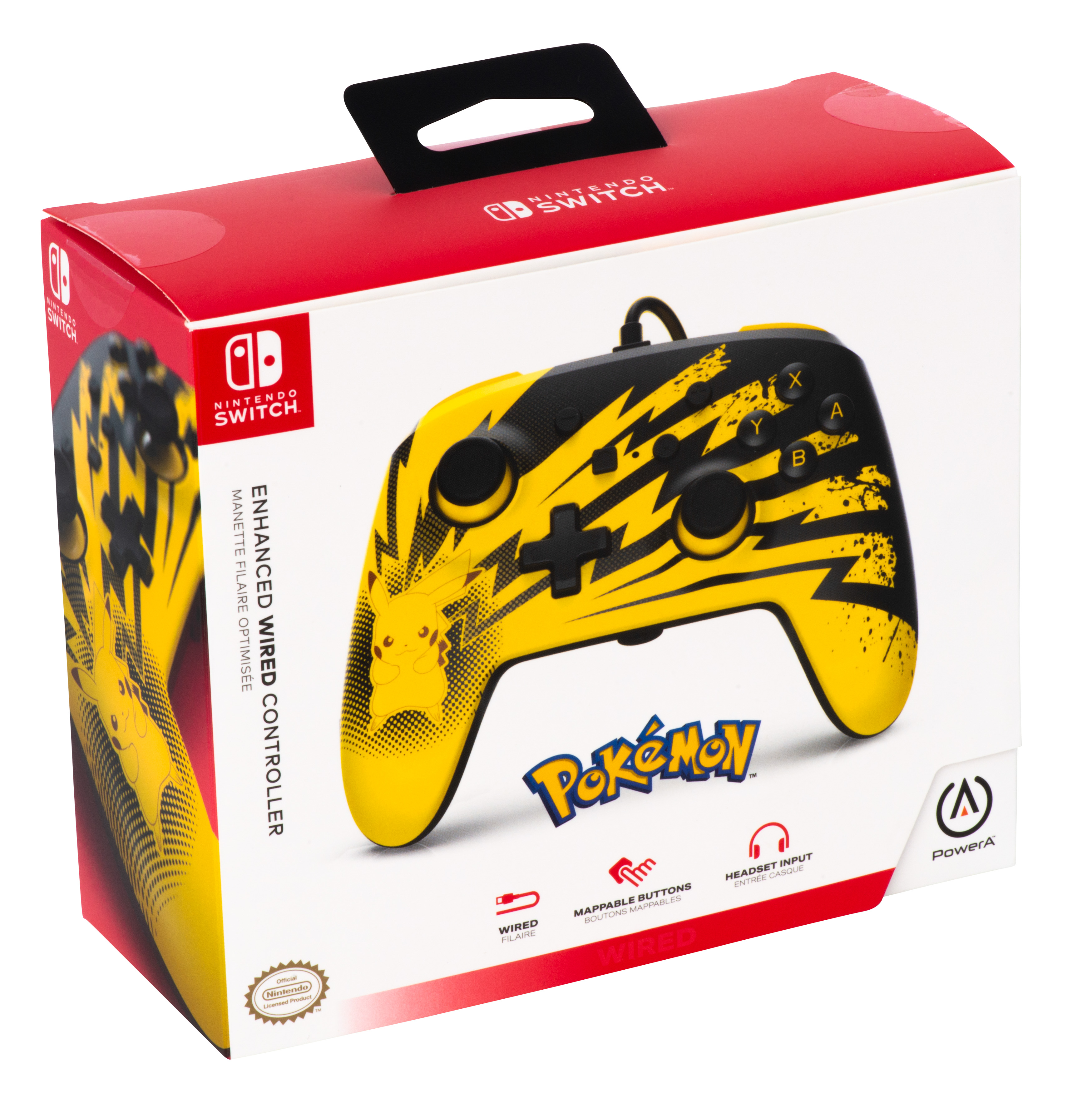 Nintendo Switch Controller-Box. Gelber Controller mit Pikachu-Design. Box ist rot und gelb.