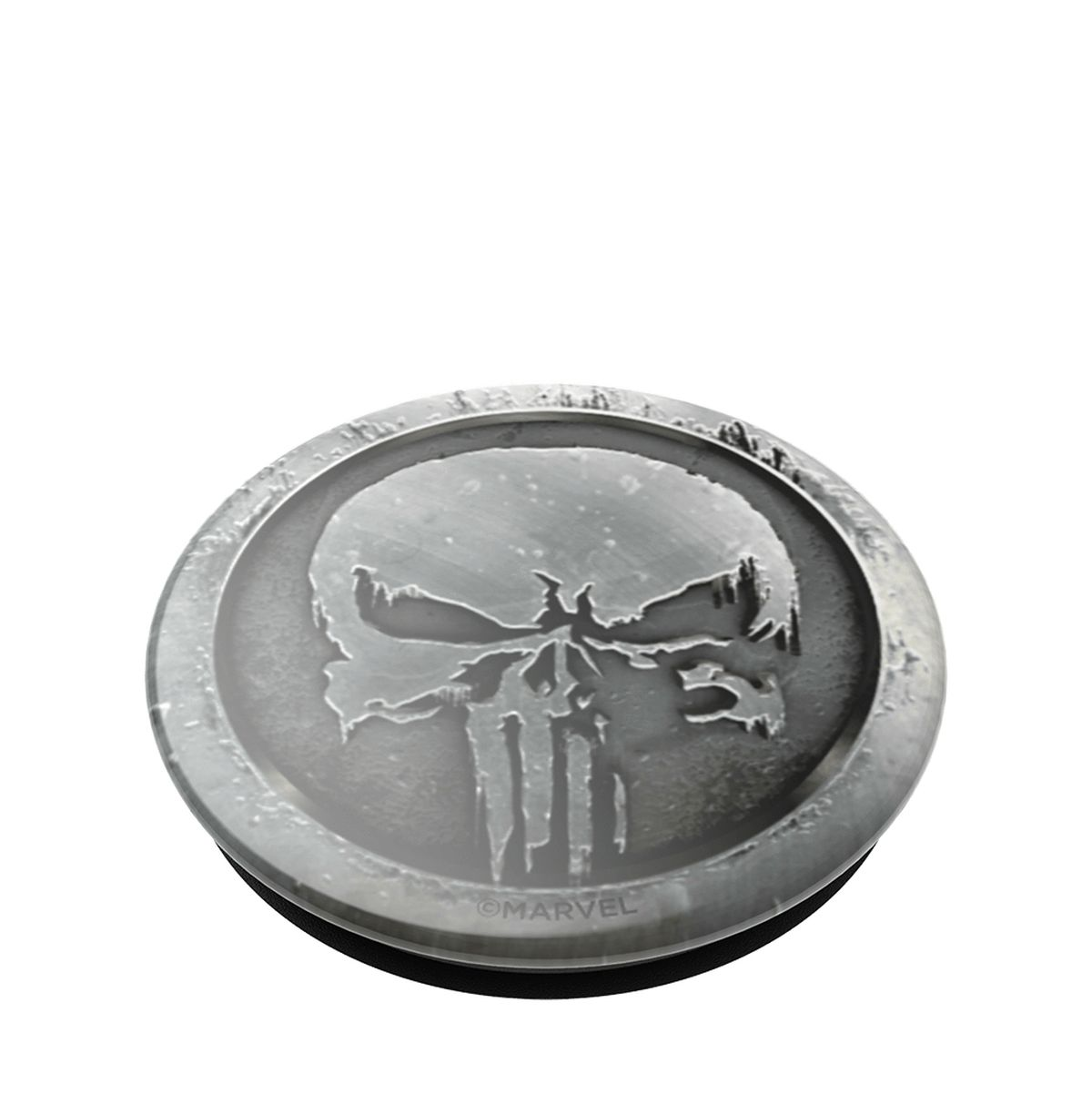 Ein silbernes Punisher-Logo auf schwarzem Grund, isoliert auf Weiß.