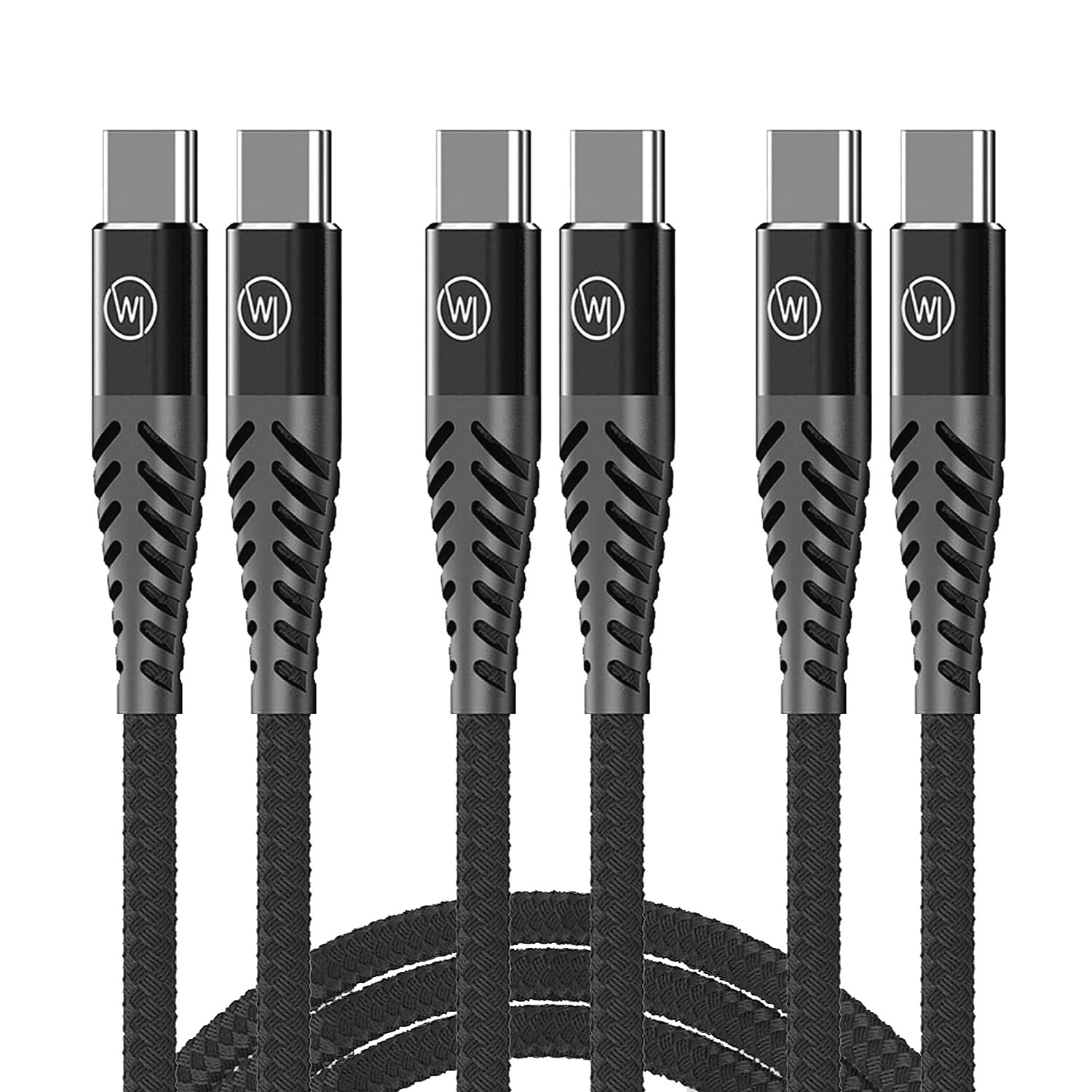Sechs schwarze USB-C-Ladekabel sind auf weißem Hintergrund angeordnet.