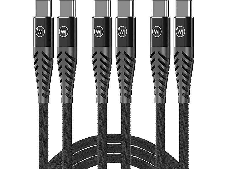 WICKED CHILI 3x Dual USB-C Ladekabel 60W 1m Textilkabel, Schnellladekabel, Datenkabel für iPhone 15, Galaxy, iPad, Ladekabel, 1 m, Schwarz