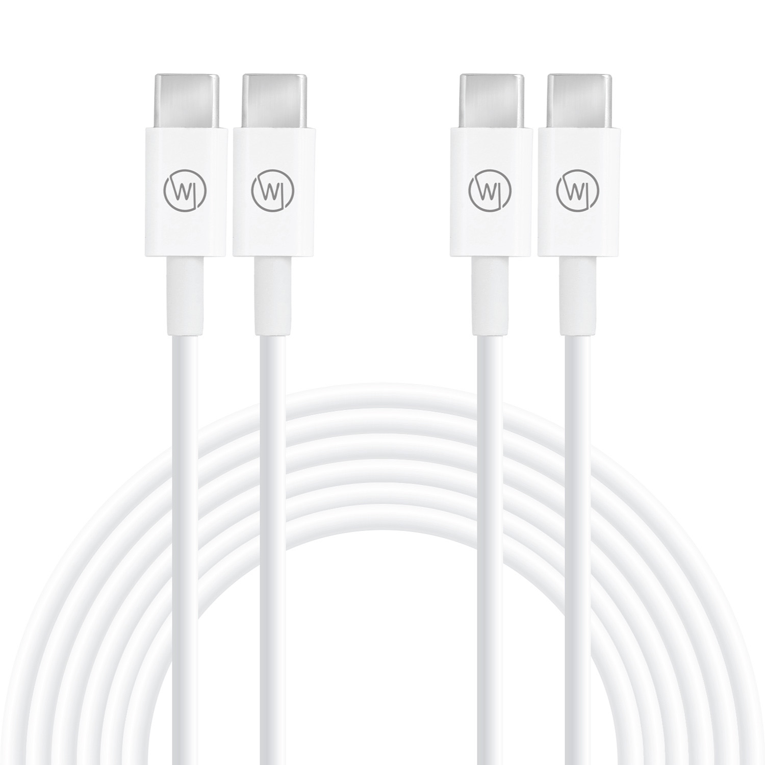 Zwei weiße USB-C-Kabel mit weißen Steckern, nebeneinander.