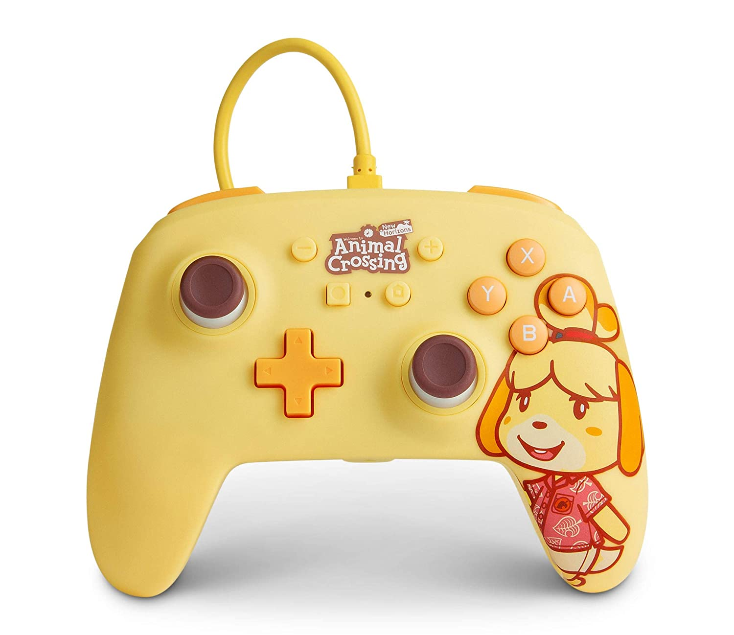 Gelber Animal Crossing Switch Controller mit Isabelle-Grafik. D-Pad und Tasten sind vorhanden.