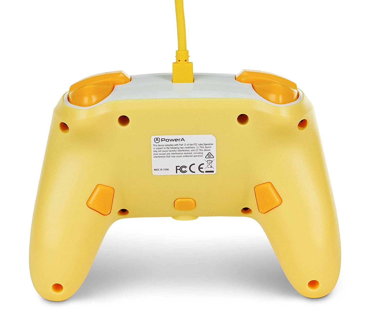 Gelber Gamecontroller, Rückansicht, mit Knöpfen und gelbem USB-Stecker, weißer Hintergrund.