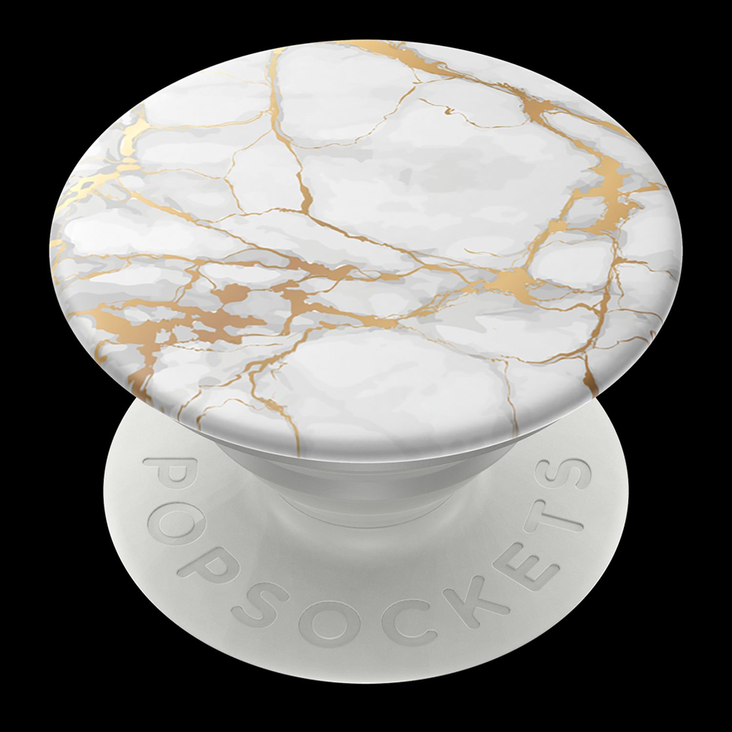 PopSockets blanco con diseño de mármol y vetas doradas, sobre fondo negro.