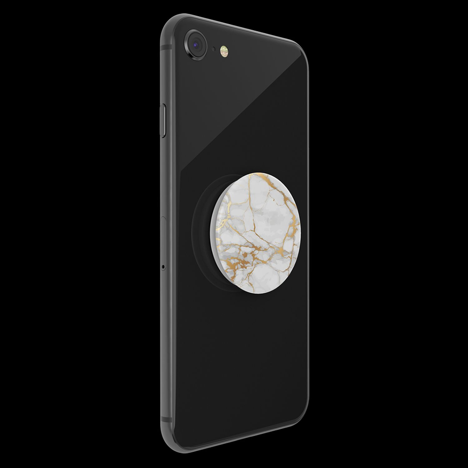 Teléfono negro con un pop socket de diseño de mármol.