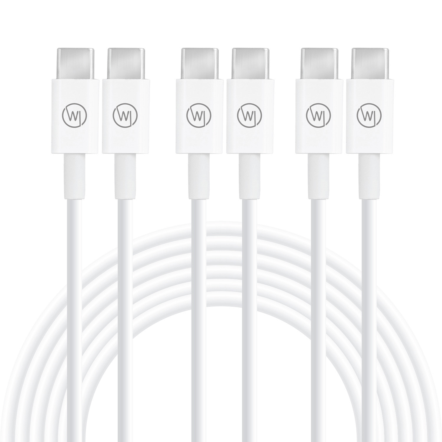 Sechs weiße USB-C-Kabel mit einem Logo auf den Anschlüssen, auf weißem Hintergrund.