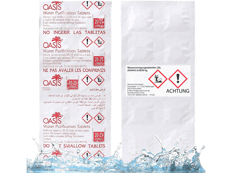 WICKED CHILI 10x Wasserreinigungstabletten - 20-25 L Trinkwasser pro Tablette, für Reiseapotheke und Waterrower Chlortabletten