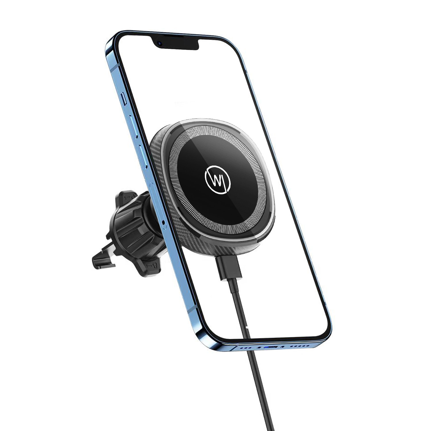 Ein Telefon an einer Autohalterung wird aufgeladen. Das Ladegerät ist schwarz mit einem kreisförmigen Ladepad.