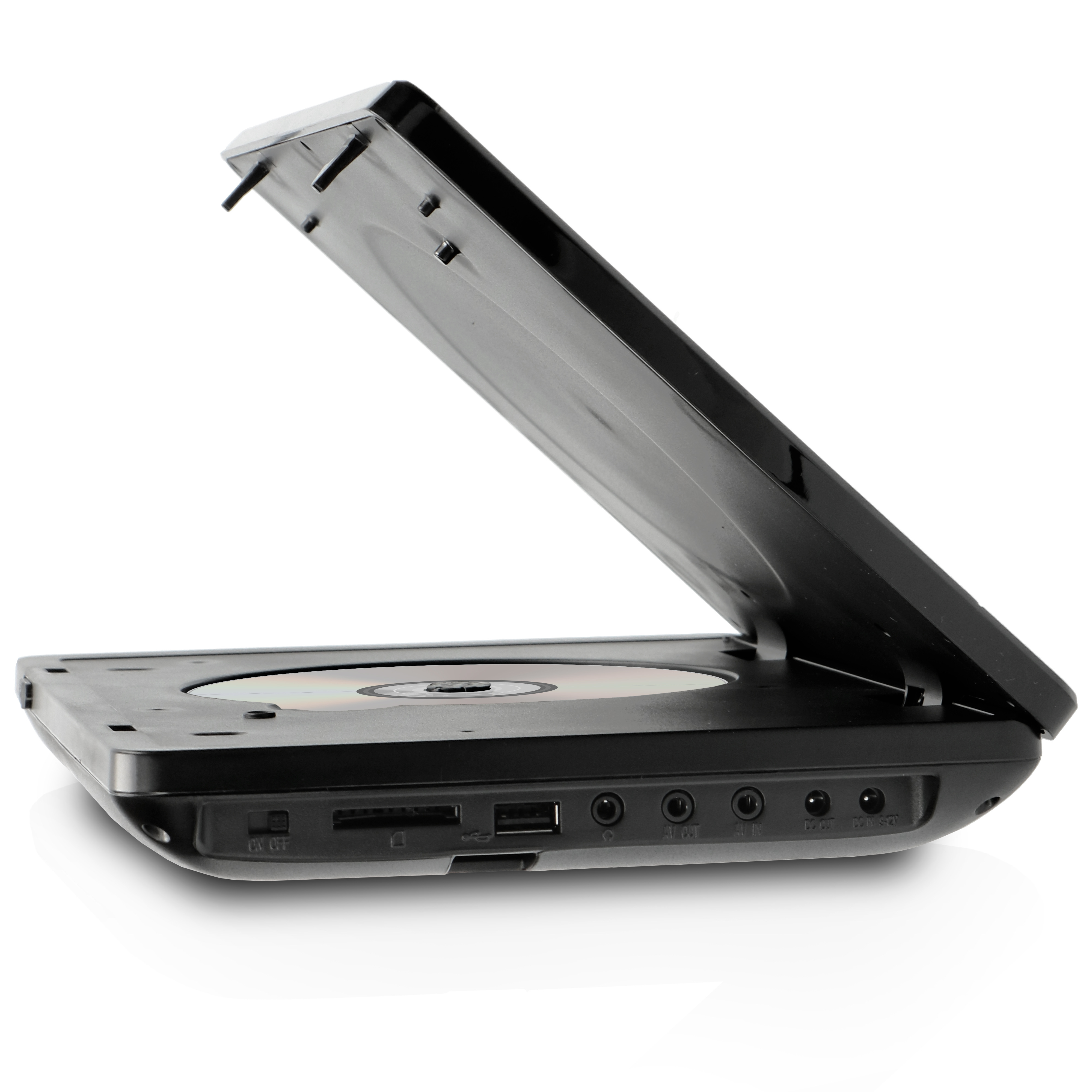Schwarzer tragbarer DVD-Player mit offenem Deckel, silberne Scheibe innen.