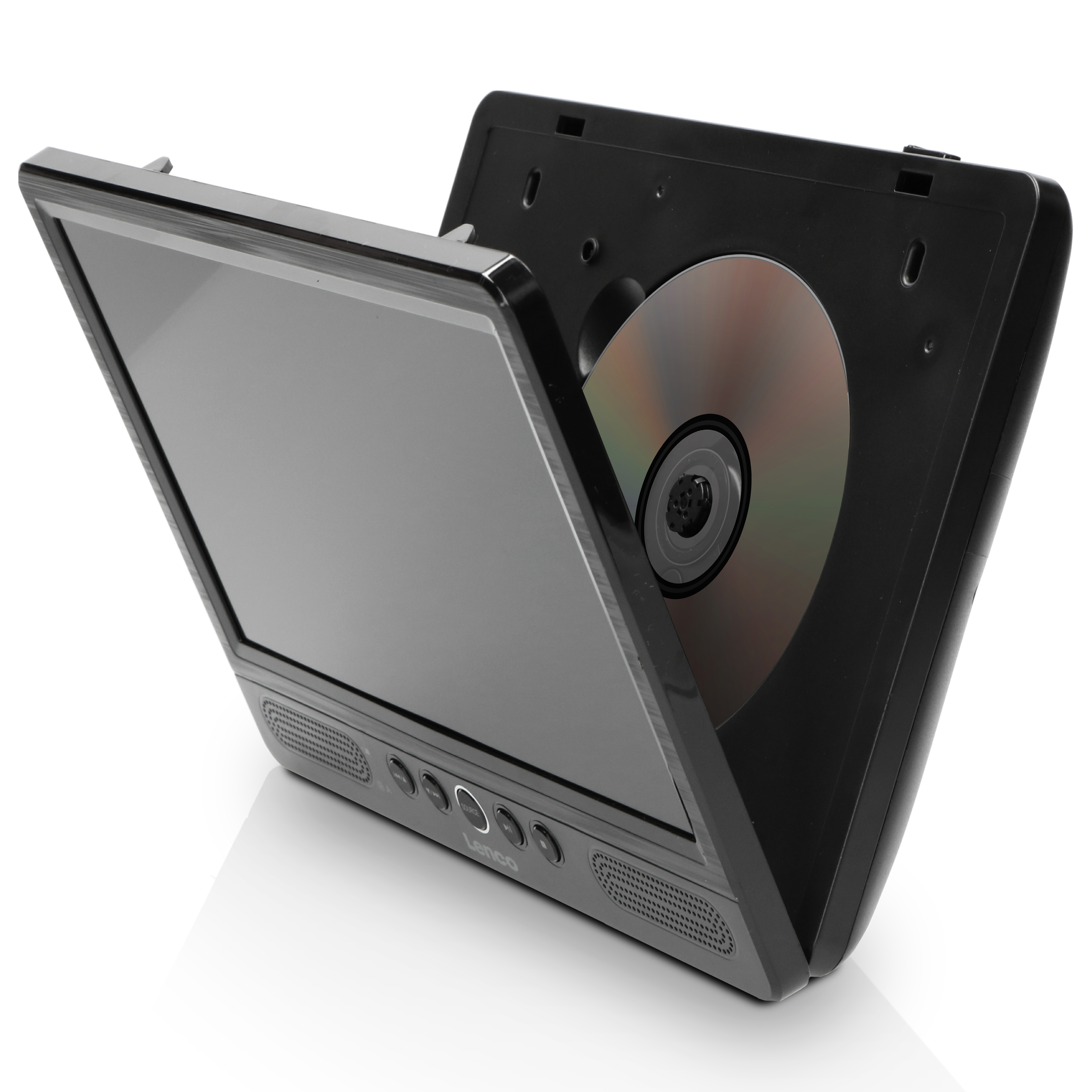 DVD-Player mit eingelegter DVD, offen, zeigt Disc und Bildschirm.