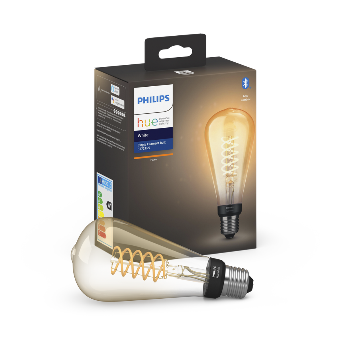 Pudełko z żarówką i żarówka. Na pudełku napis Philips Hue.