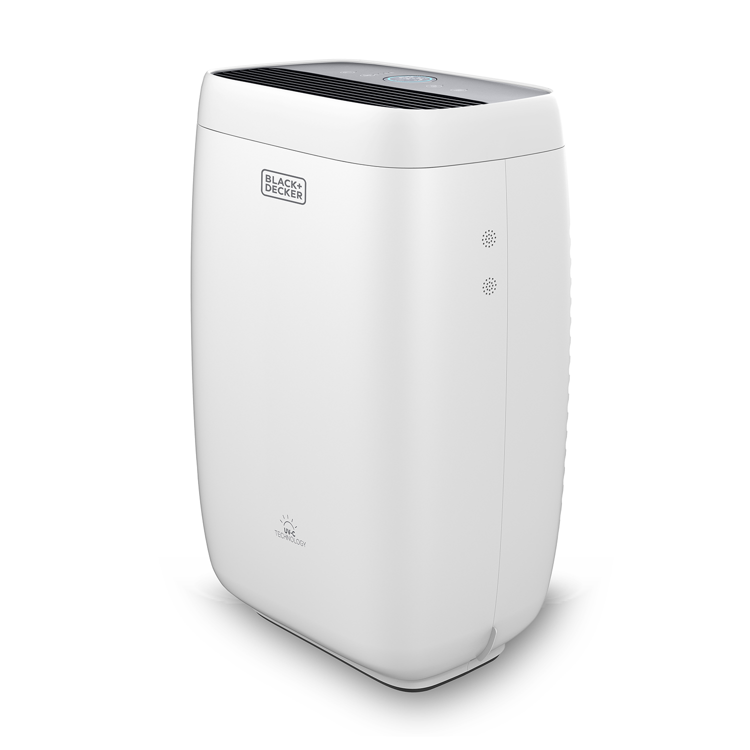 Purificatore d'aria bianco con logo Black+Decker su sfondo bianco.