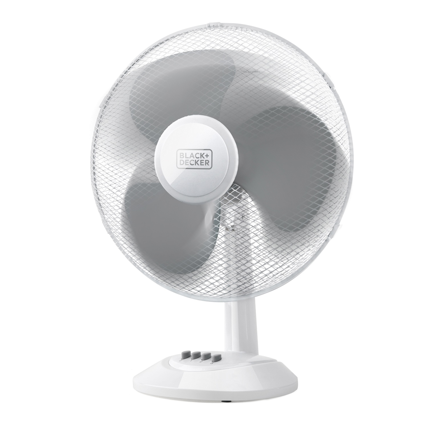 Un ventilatore da scrivania bianco con griglia protettiva e pulsanti di controllo.