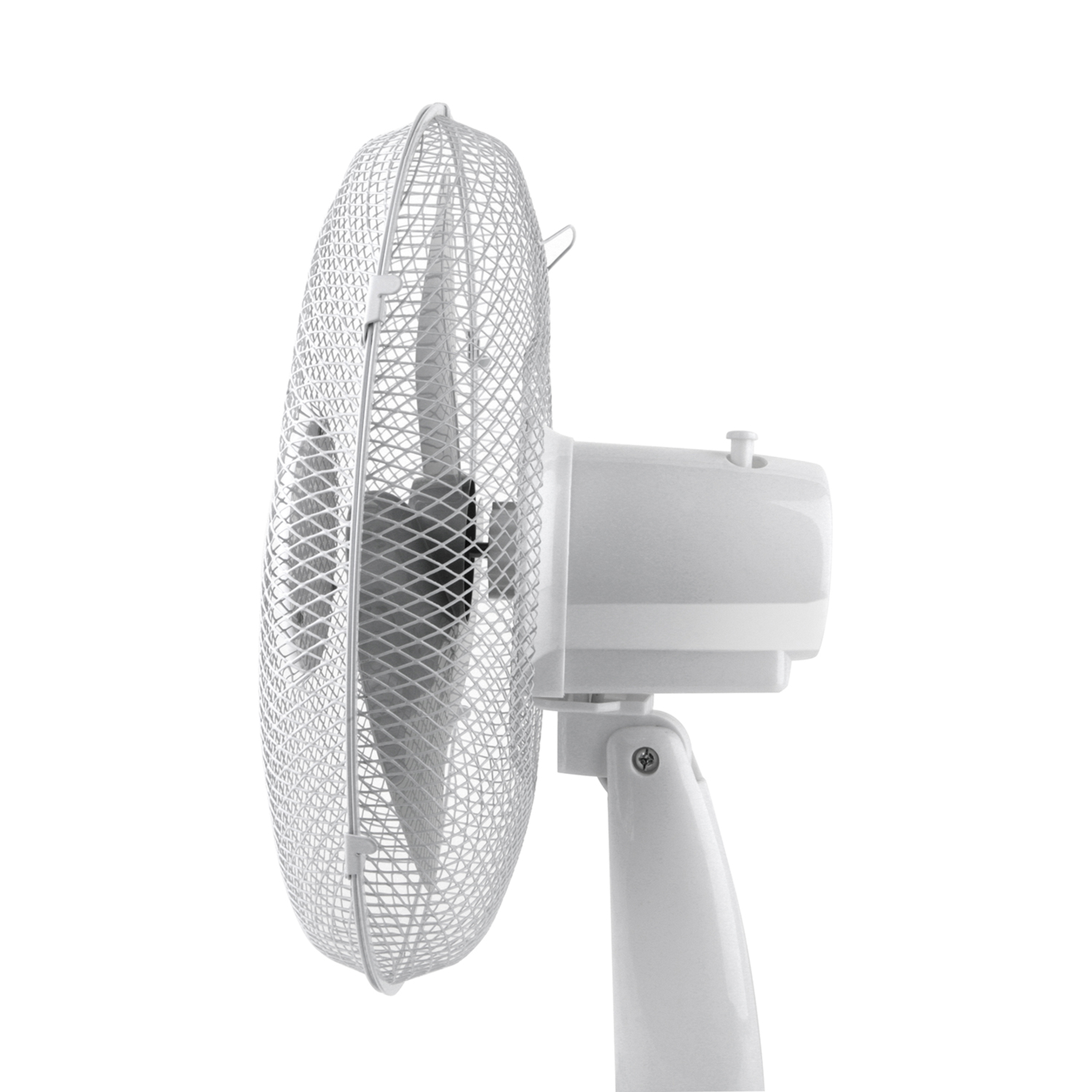 Ventilatore bianco con gabbia metallica, su sfondo bianco, visto di lato.