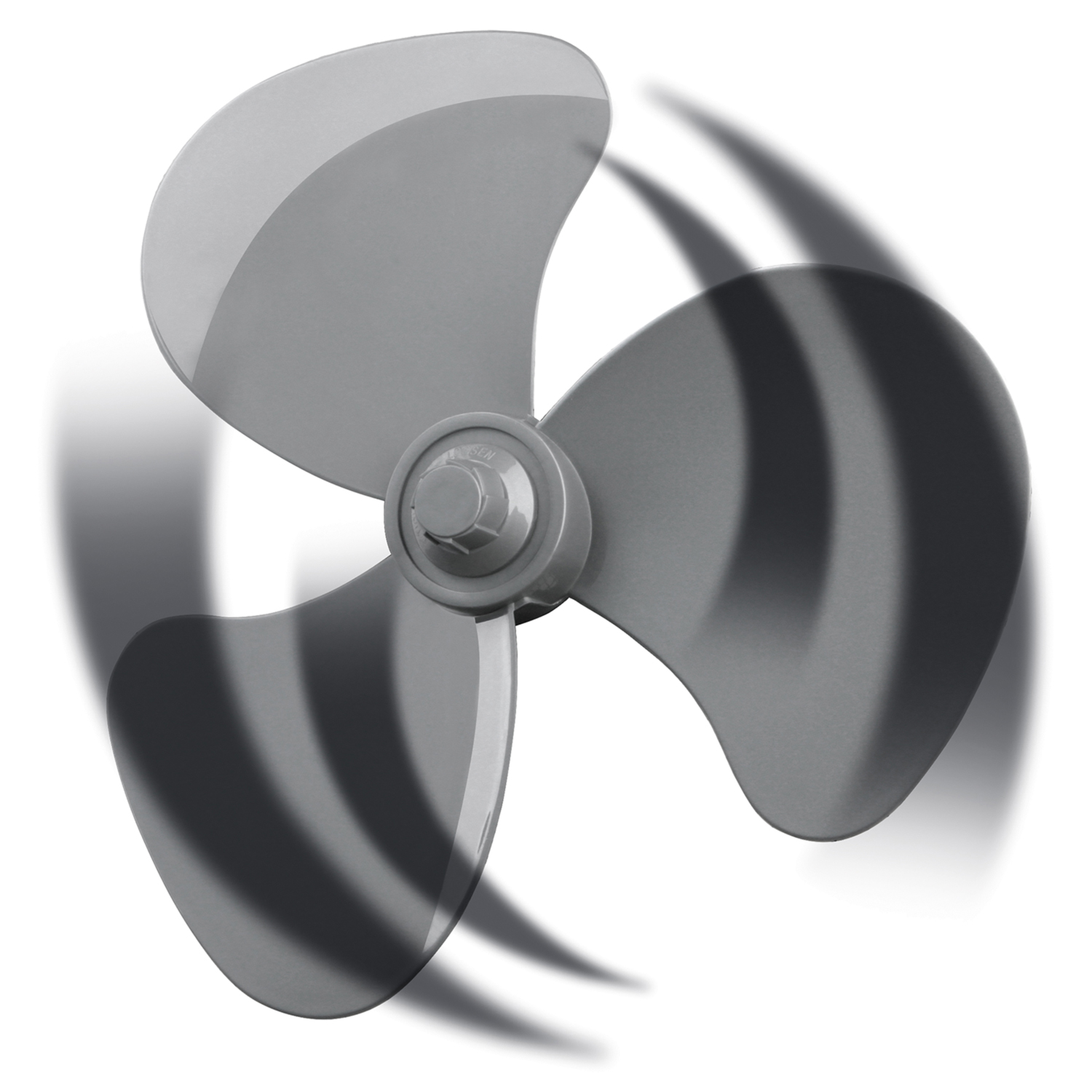Una pala di ventilatore grigia con tre pale, che proietta ombre su sfondo bianco.
