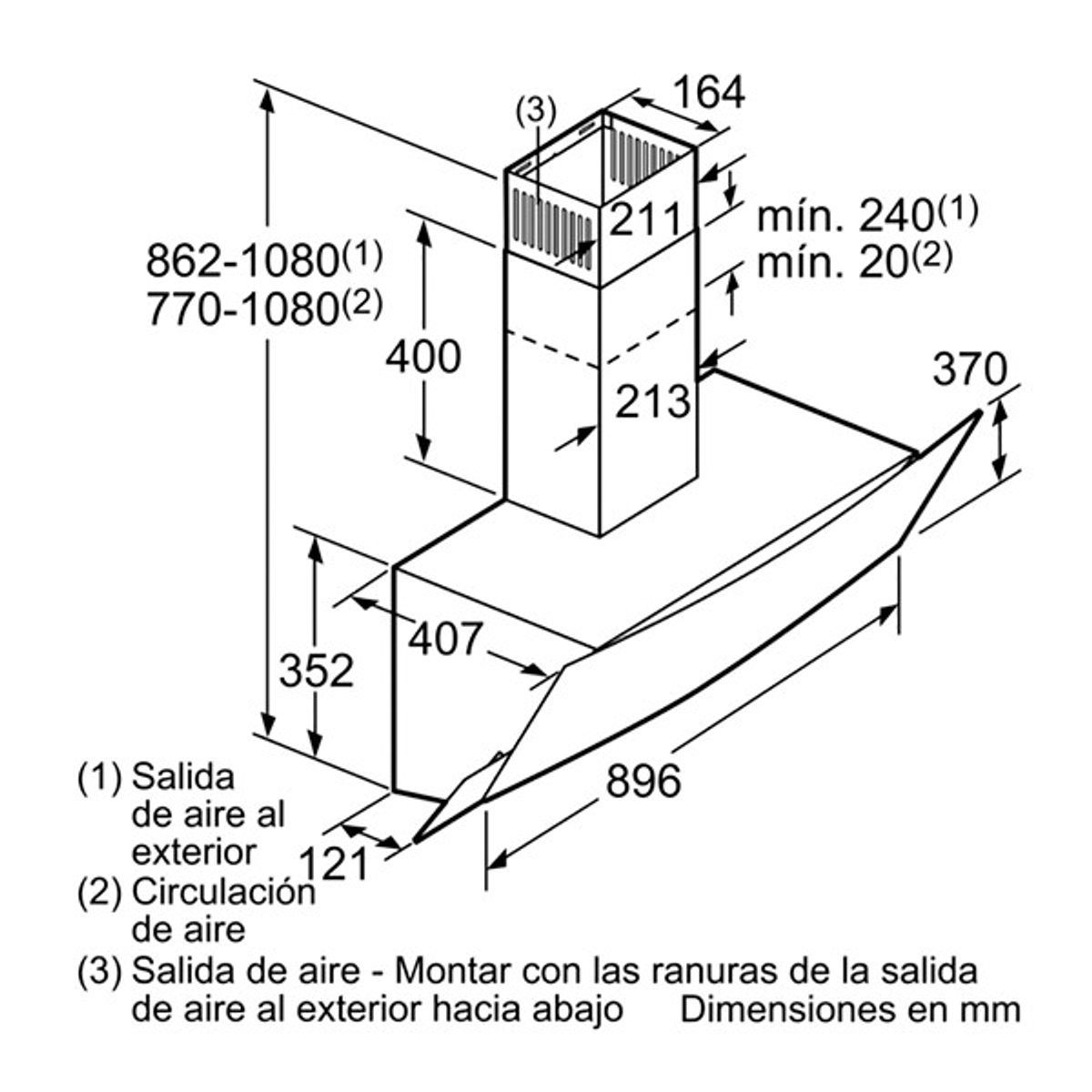 Diagrama de una campana extractora con dimensiones en mm, mostrando salidas de aire y dimensiones.
