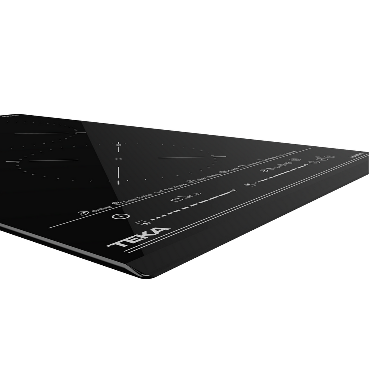 Placa de inducción negra con logo TEKA. Primer plano. Fondo blanco.
