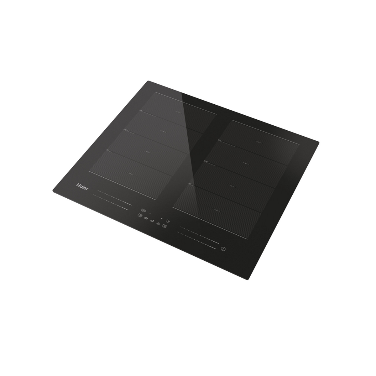 Czarna szklana płyta indukcyjna z sześcioma strefami gotowania. Jest na białym tle.