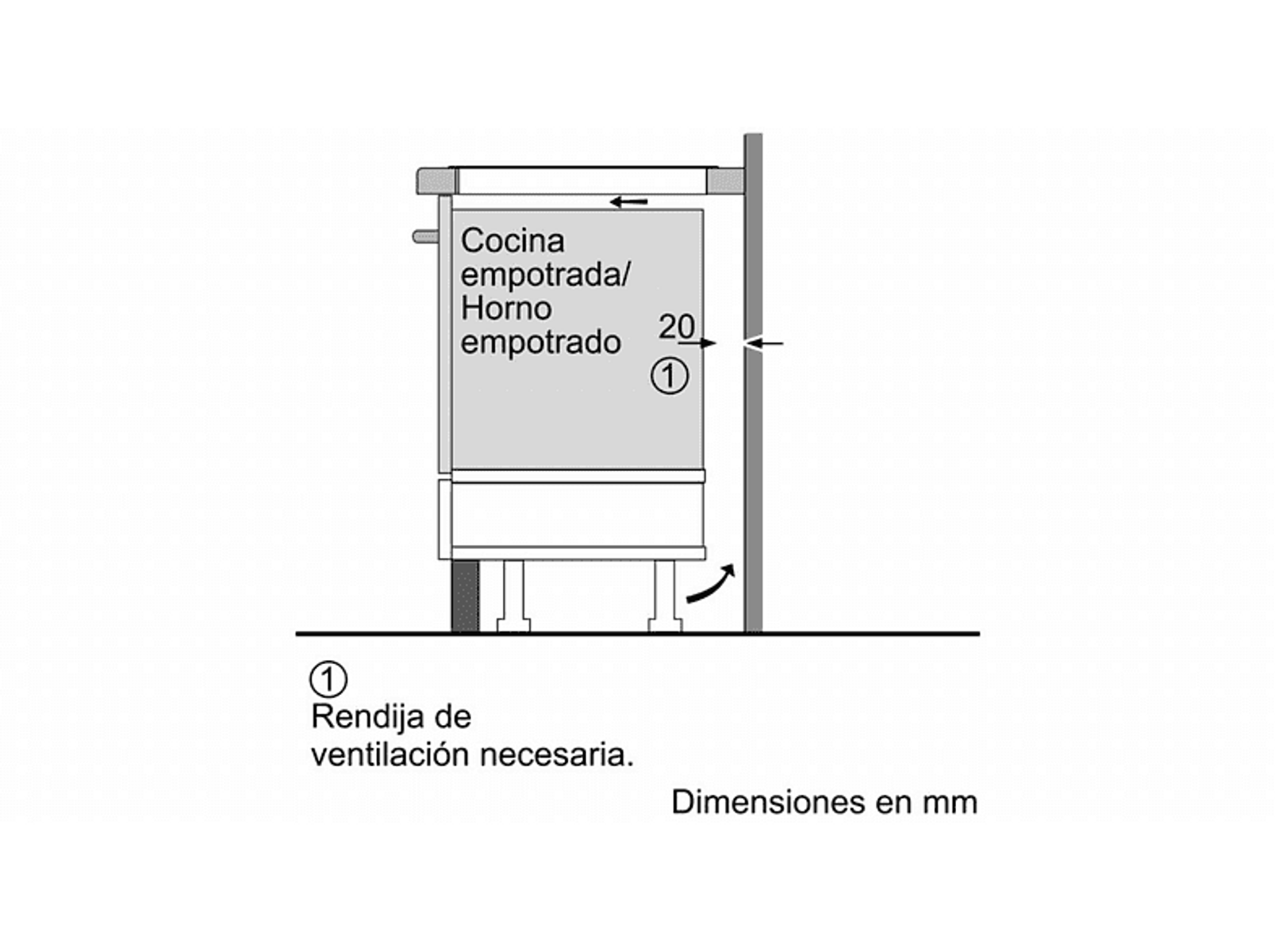 Diagrama que muestra un mueble de cocina. Texto en español, con dimensiones en mm.