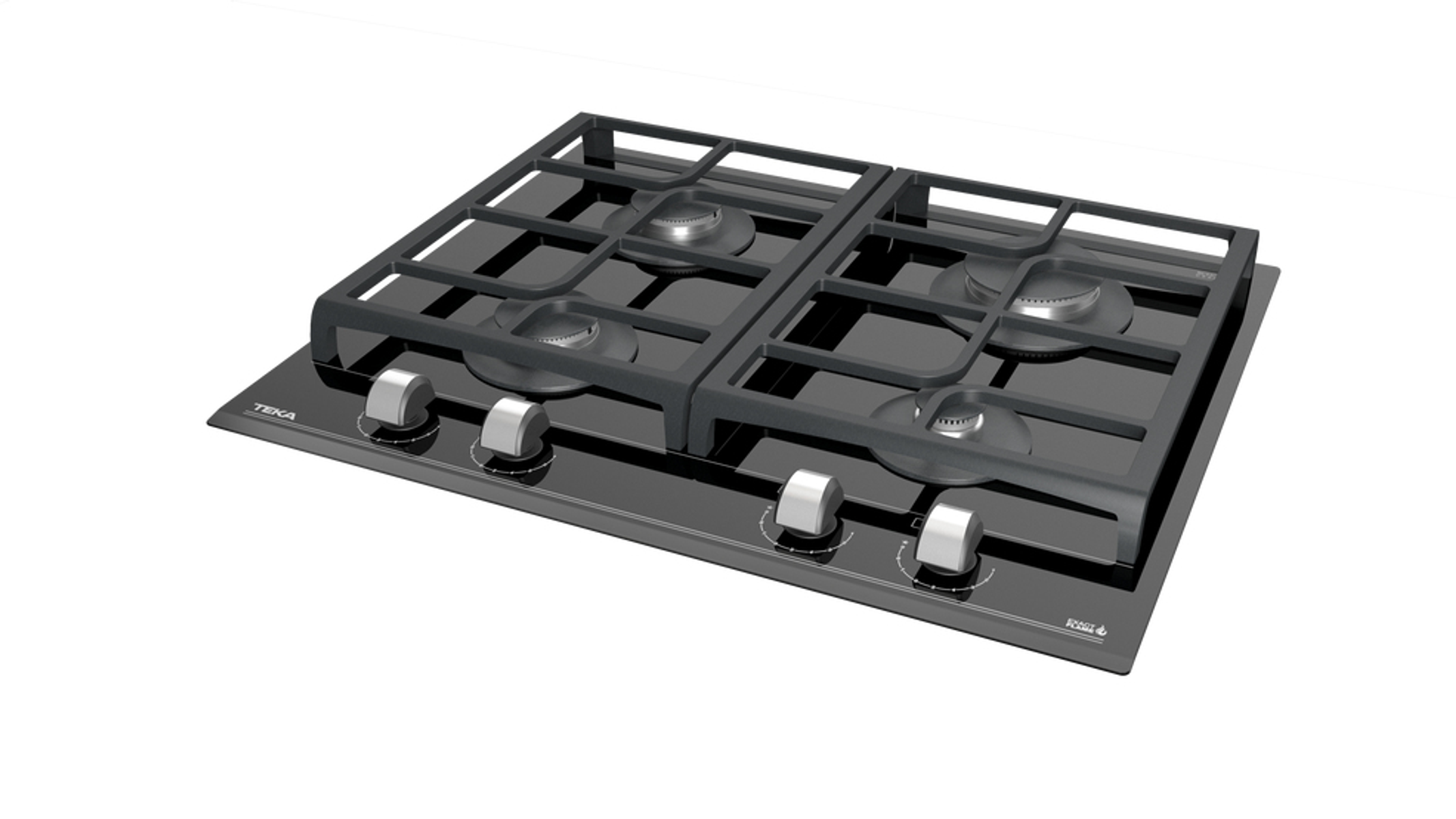 Czarna płyta gazowa Teka ze srebrnymi pokrętłami i białym tłem.