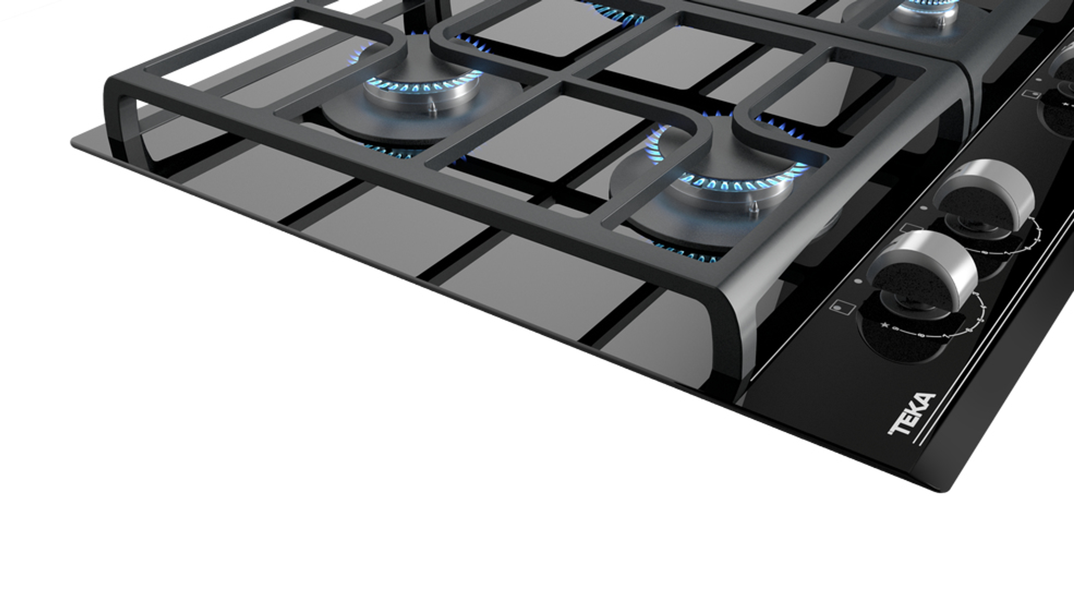 Zbliżenie czarnej płyty gazowej Teka z niebieskimi płomieniami i metalowymi kratkami.