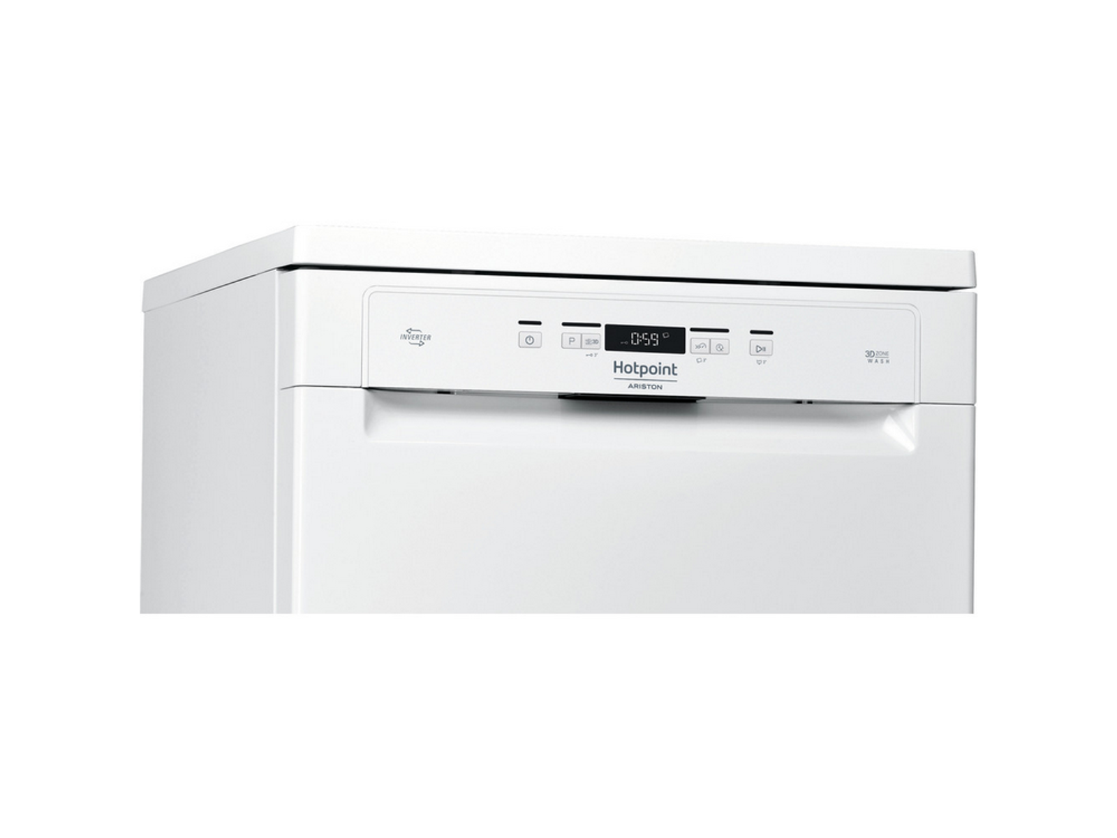 Lavavajillas blanco. Panel superior con botones y pantalla. La marca es Hotpoint.