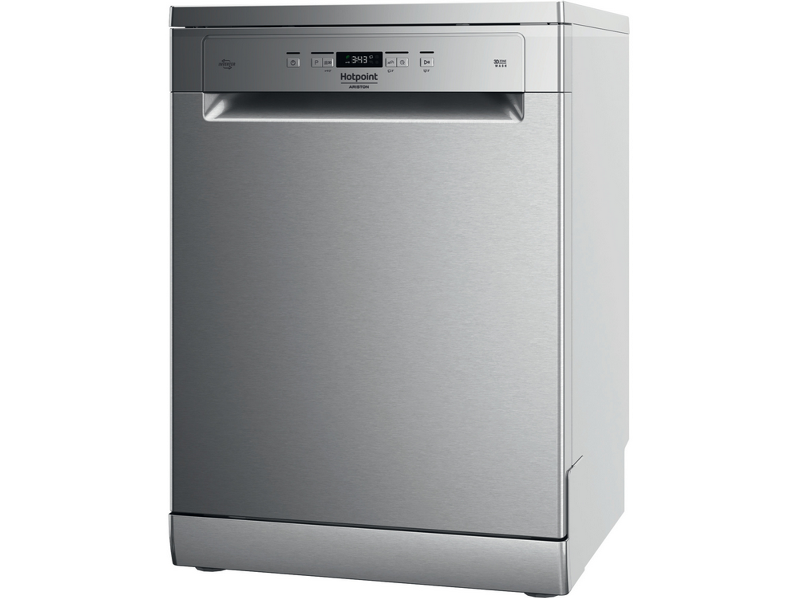 Lavavajillas Hotpoint Ariston plateado, vista en ángulo. Panel de control en la parte superior.