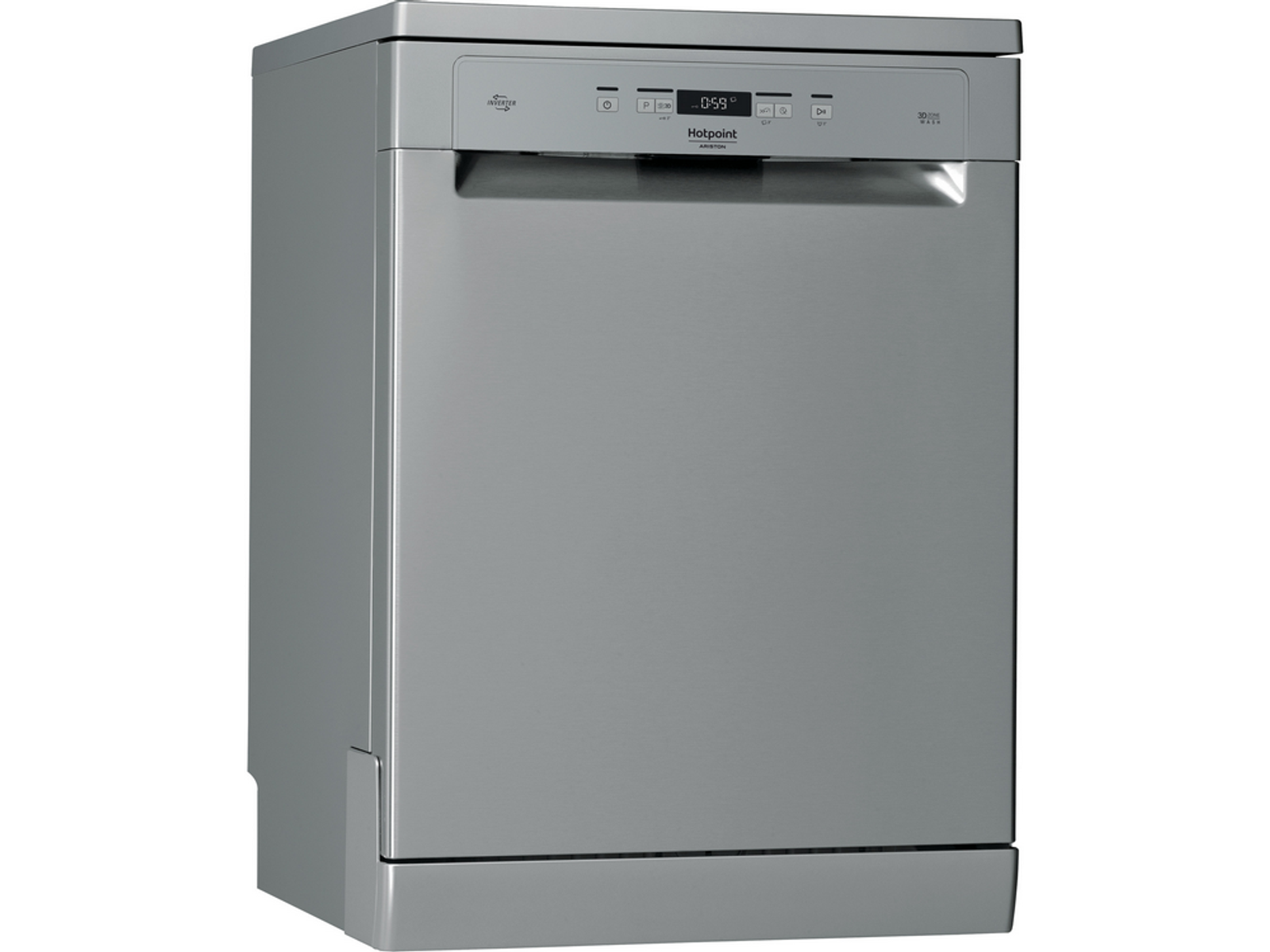 Lavavajillas Hotpoint plateado con pantalla digital y botones de control.