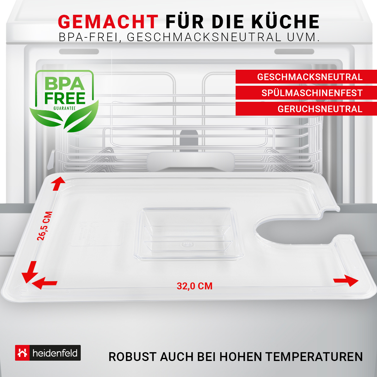 Weiße Schale mit Maßen auf weißer Oberfläche, Produkttext auf Deutsch