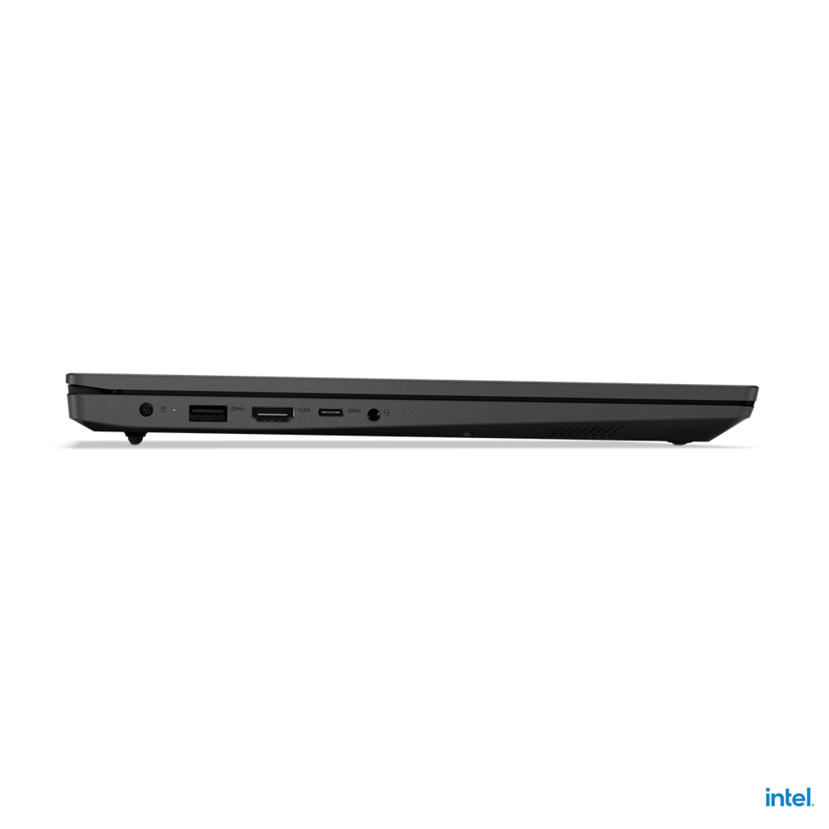 Vista laterale di un laptop nero con porte visibili. Adesivo Intel in basso.