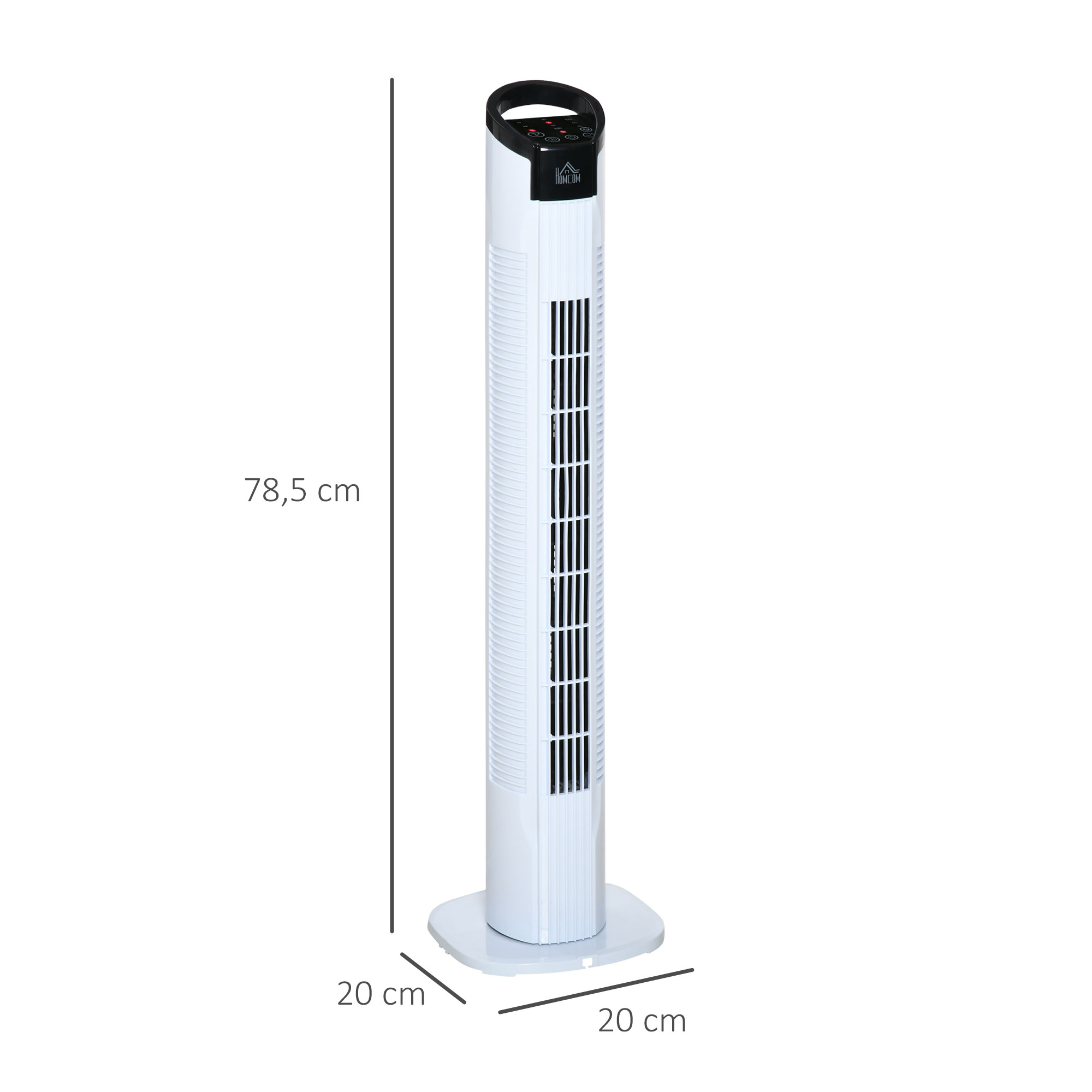 Un ventilador de torre alto y blanco con dimensiones indicadas, aislado sobre fondo blanco.