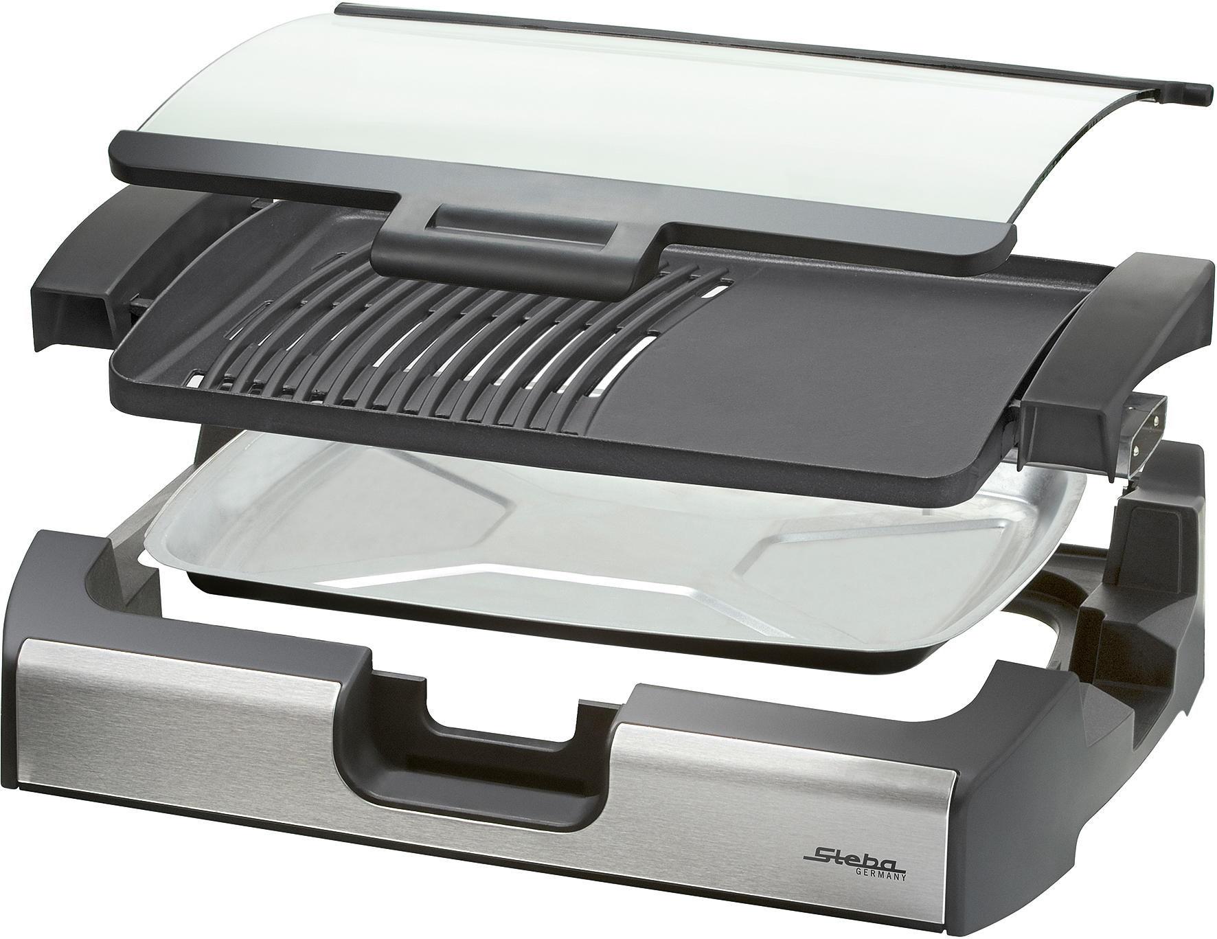 Ein Elektrogrill in Teilen, der Grill, Heizelement und Basis zeigt.